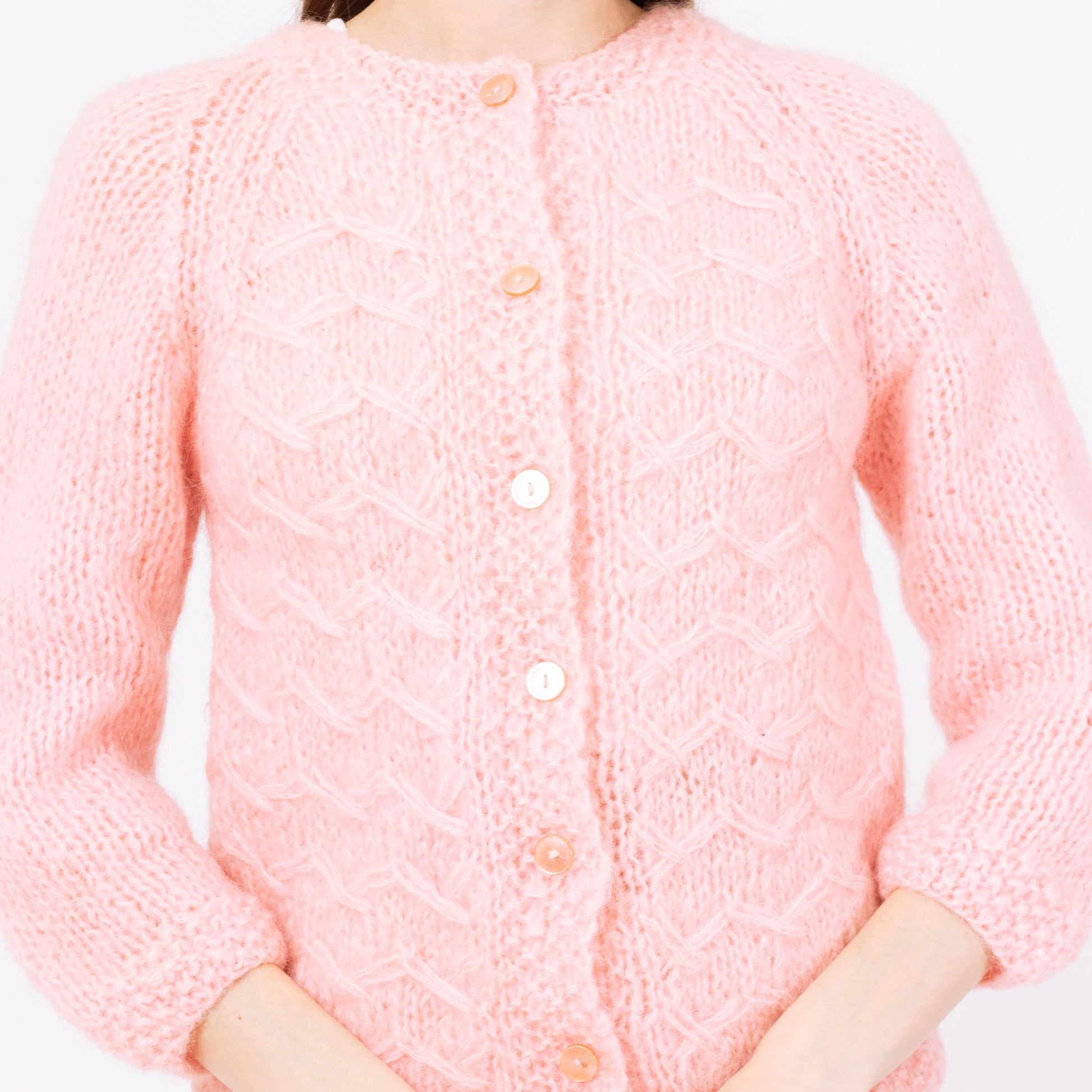 Vintage 60s Pastel Pink Mohair Knit Cardigan - Extra Small | Soft Girl Coquette Aesthetic, Light Pink Fuzzy Cable Knit Button Up Sweater