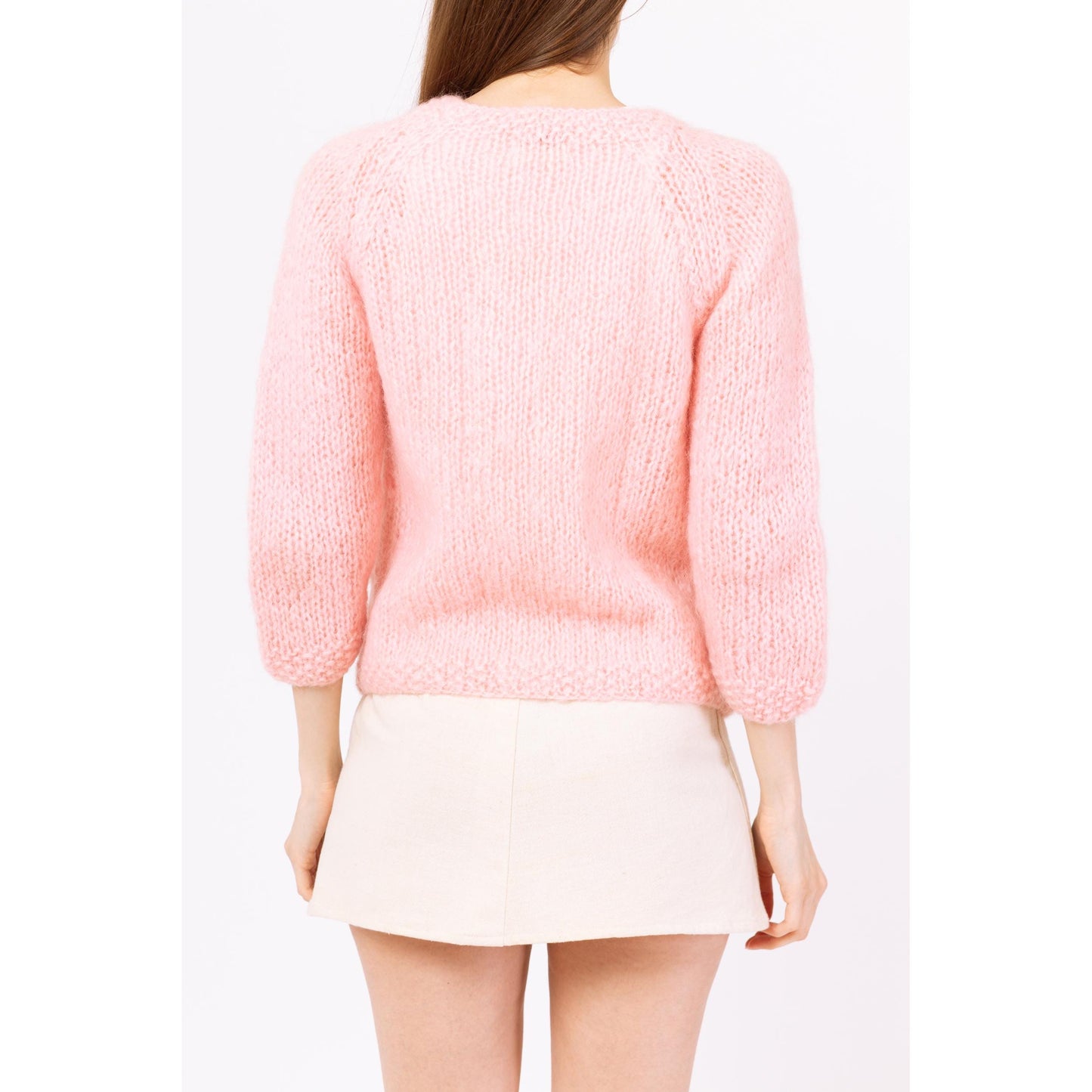 Vintage 60s Pastel Pink Mohair Knit Cardigan - Extra Small | Soft Girl Coquette Aesthetic, Light Pink Fuzzy Cable Knit Button Up Sweater