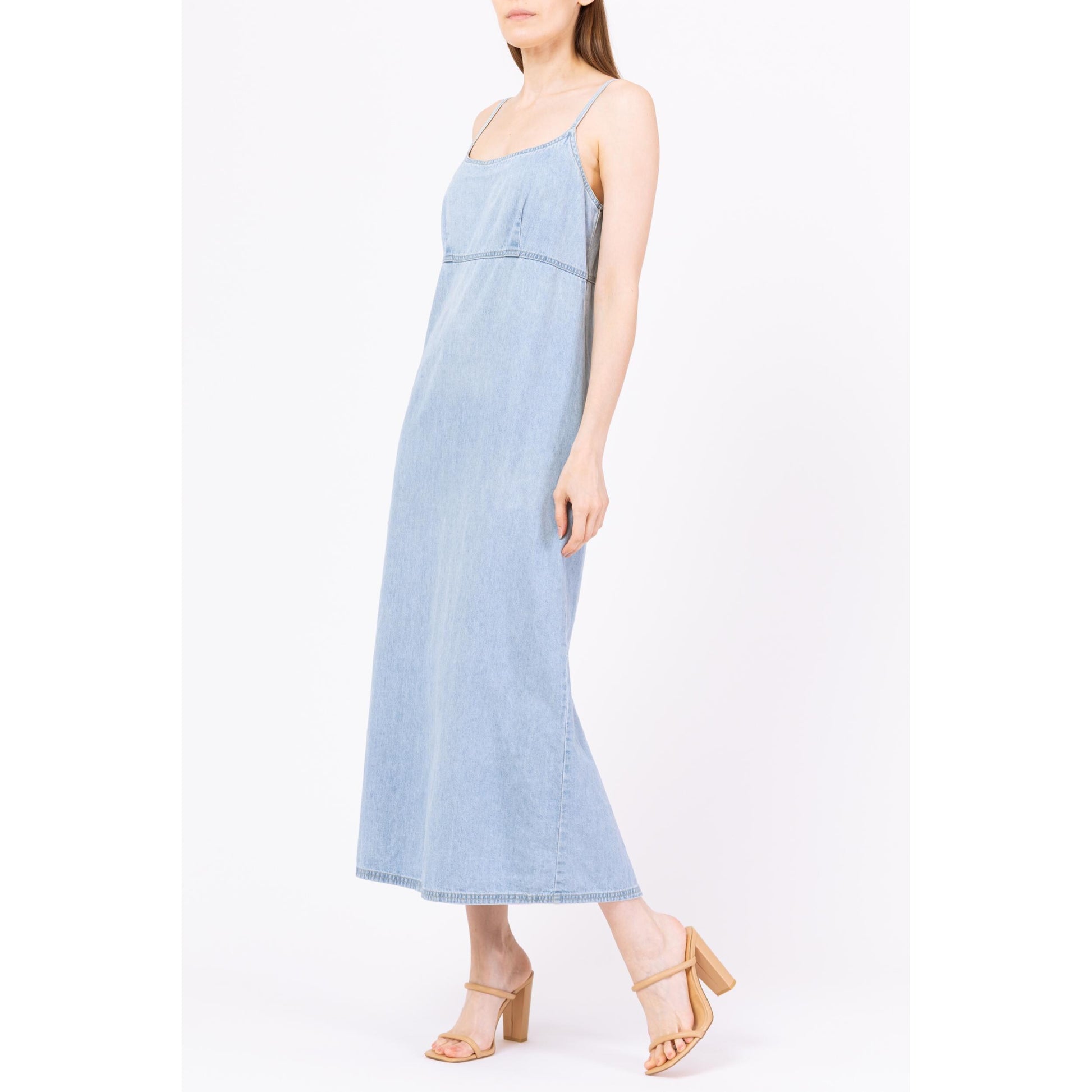 Vintage 90s Light Blue Chambray Maxi Dress - Small | Minimalist A Line Spaghetti Strap Grunge Denim Sundress