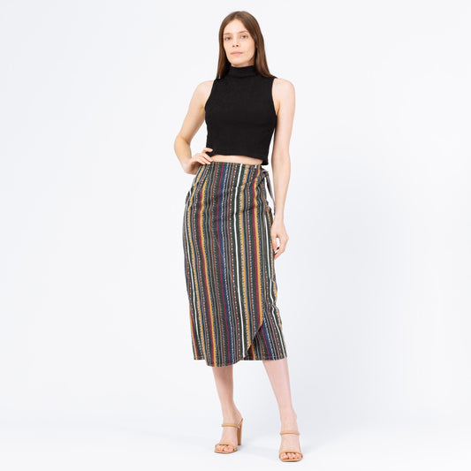 Vintage 90s Southwestern Striped Denim Midi Wrap Skirt - Extra Small, 24" Waist | High Waisted Green Earth Tone Boho Grunge Jean Skirt