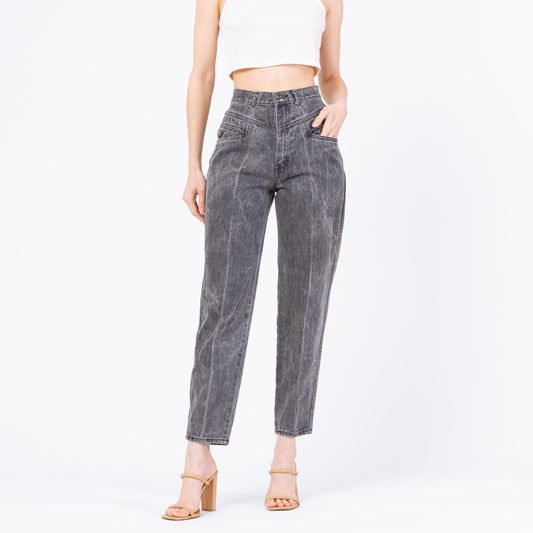 Vintage 80s Slate Grey Acid Wash Jeans - Small, 26" Waist | High Waisted Ribbed Denim Slant Pocket Yoked Streetwear Mom Jeans