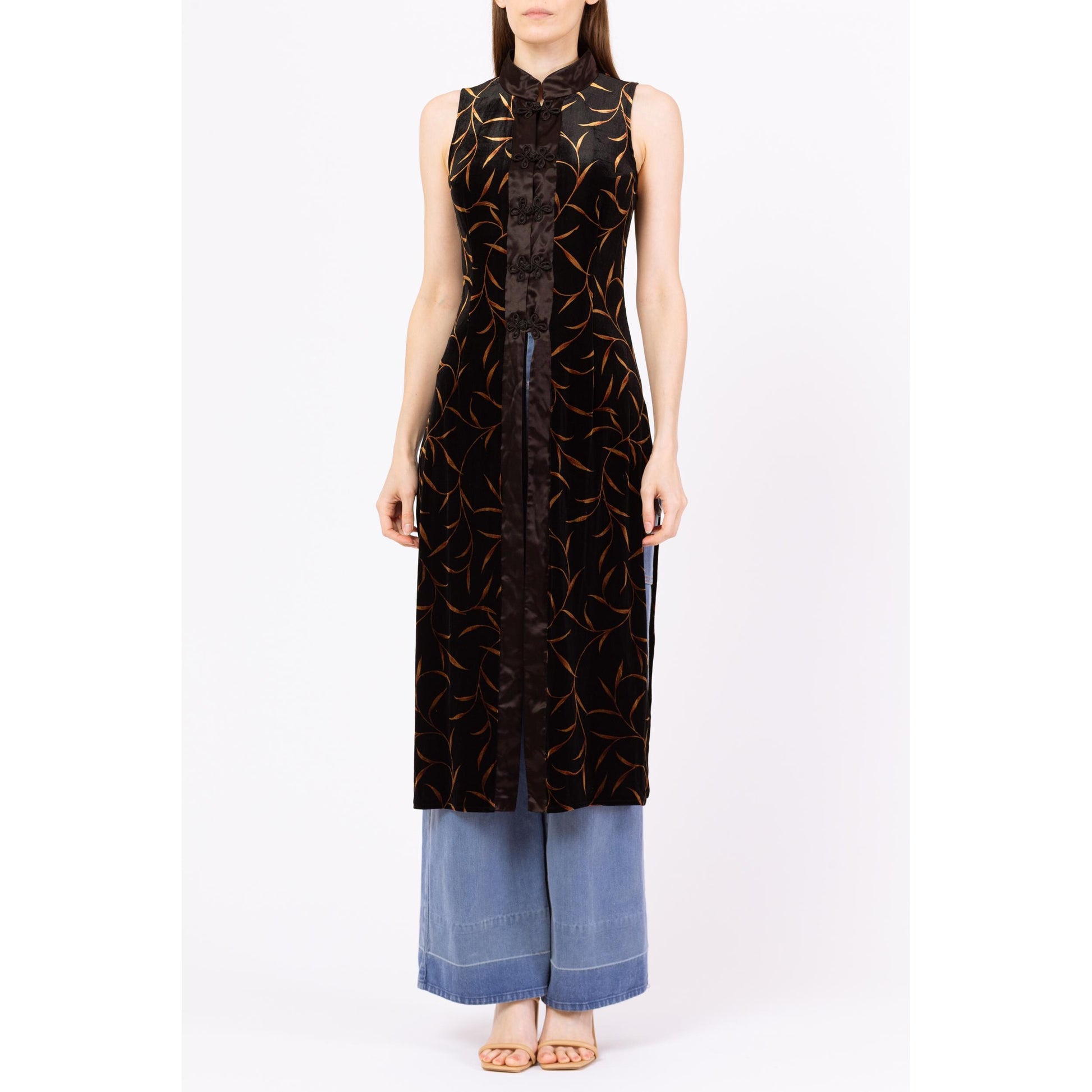Vintage 90s Black & Gold Velvet Gothic Duster Top - Small | Cache Leaf Print Mandarin Collar Tailcoat, Witchy Long Tunic Vest