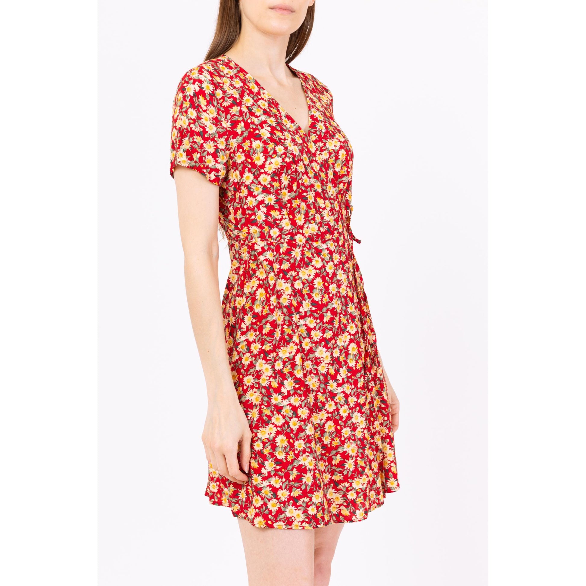 Vintage 90s Red Daisy Floral Mini Wrap Dress - Small | Boho Short Sleeve Summer Sundress