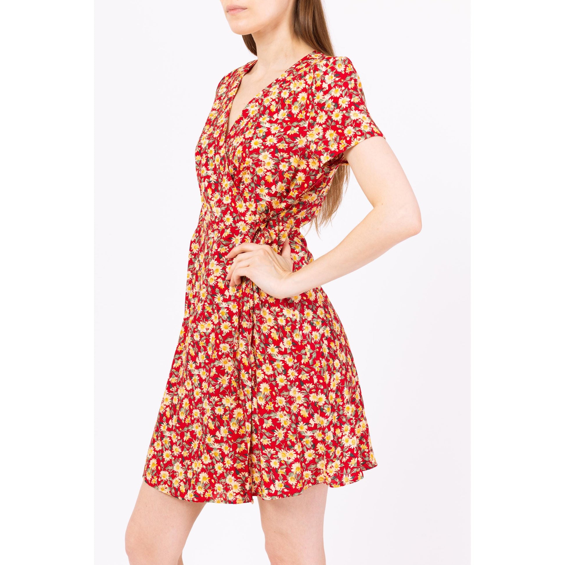 Vintage 90s Red Daisy Floral Mini Wrap Dress - Small | Boho Short Sleeve Summer Sundress