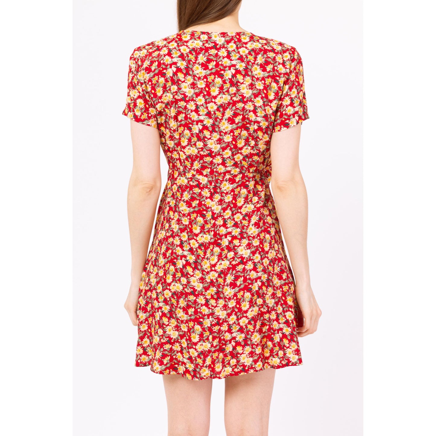 Vintage 90s Red Daisy Floral Mini Wrap Dress - Small | Boho Short Sleeve Summer Sundress