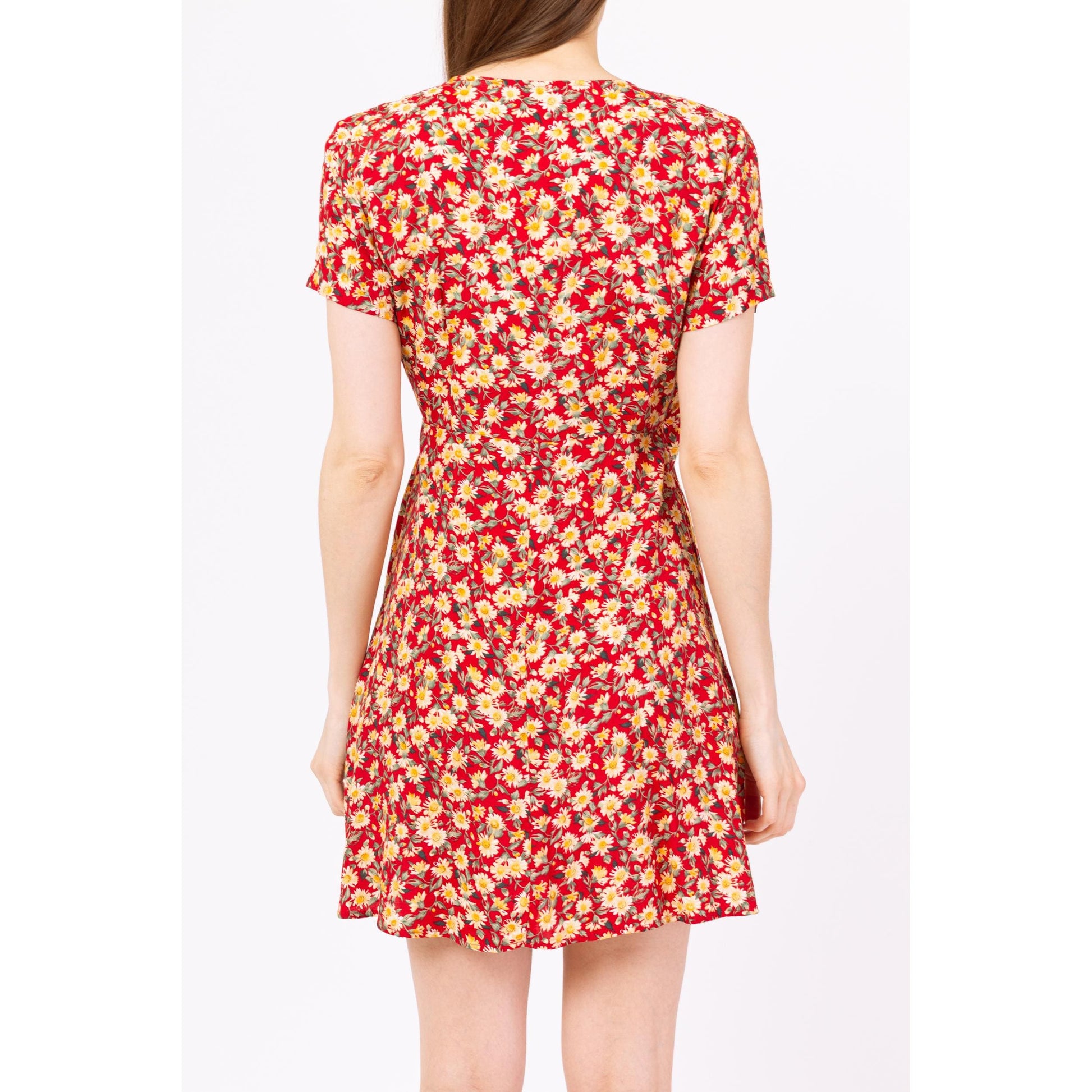 Vintage 90s Red Daisy Floral Mini Wrap Dress - Small | Boho Short Sleeve Summer Sundress
