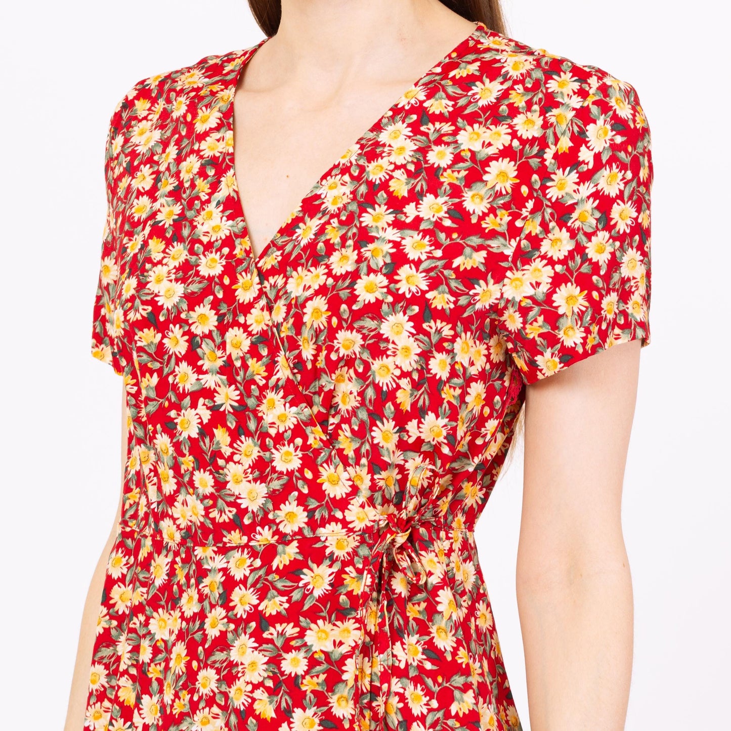 Vintage 90s Red Daisy Floral Mini Wrap Dress - Small | Boho Short Sleeve Summer Sundress