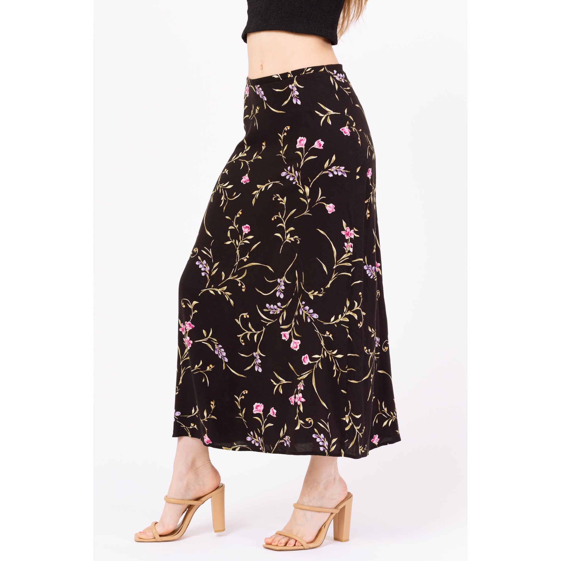 Vintage 90s Black Floral Boho Maxi Skirt - Medium, 28"-30" | High Waisted Grunge Long Spring Summer Rayon Skirt