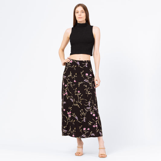 Vintage 90s Black Floral Boho Maxi Skirt - Medium, 28"-30" | High Waisted Grunge Long Spring Summer Rayon Skirt