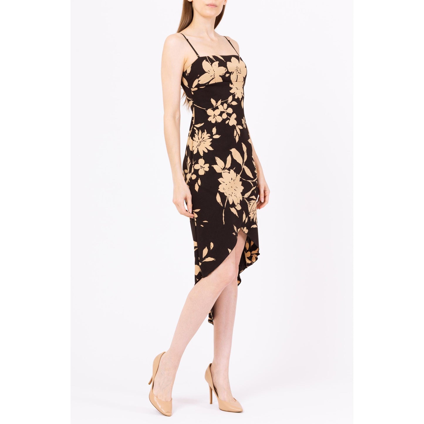 Vintage Y2K Tropical Floral High-Low Party Dress - Extra Small | Boho Spaghetti Strap Asymmetrical Hem Formal Midi Summer Sundress