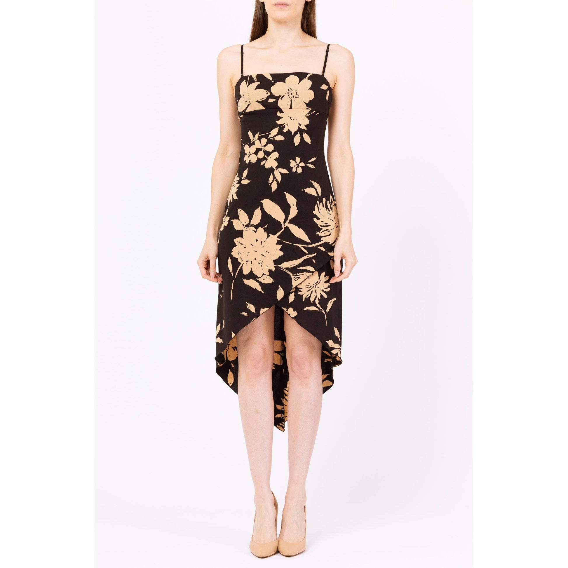 Vintage Y2K Tropical Floral High-Low Party Dress - Extra Small | Boho Spaghetti Strap Asymmetrical Hem Formal Midi Summer Sundress