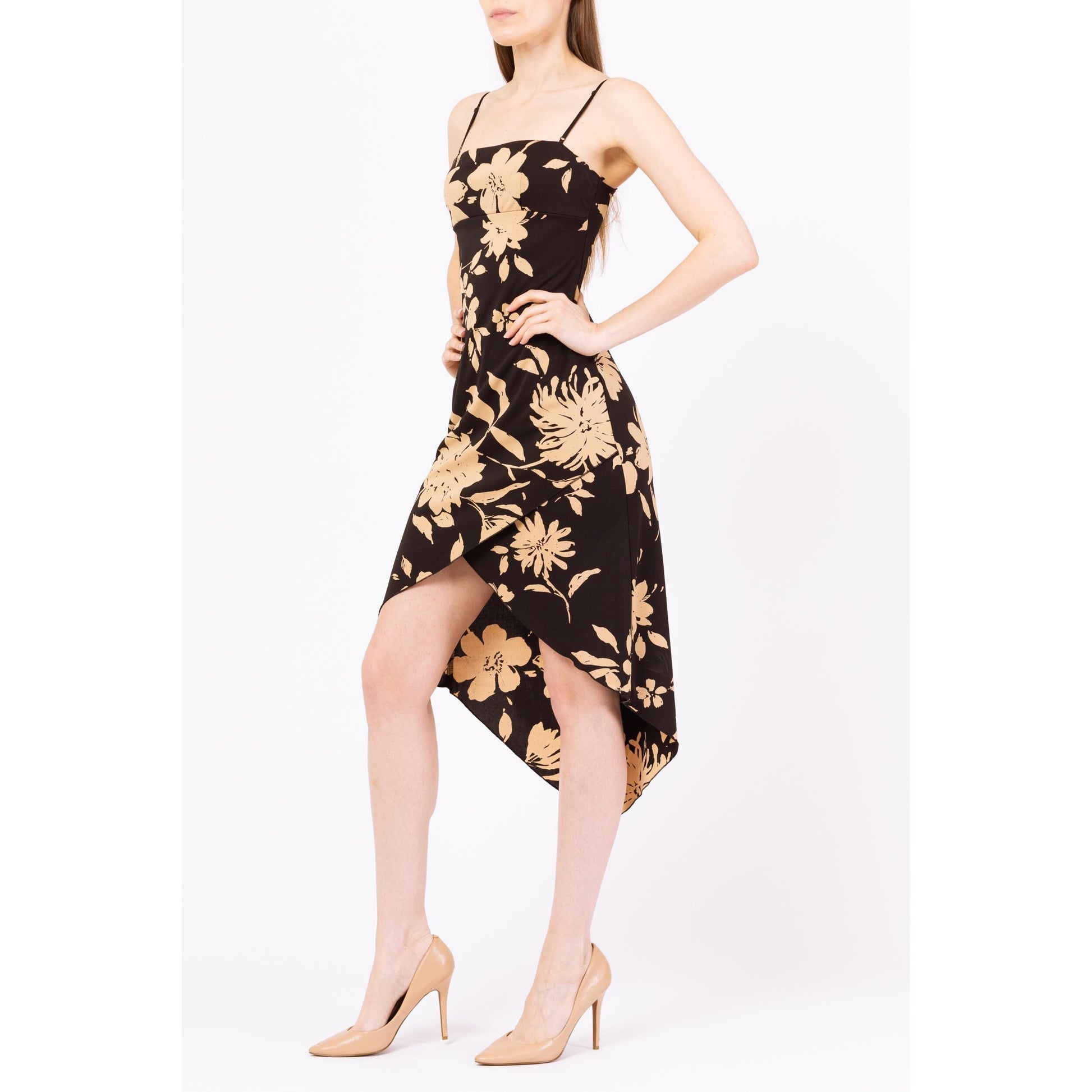 Vintage Y2K Tropical Floral High-Low Party Dress - Extra Small | Boho Spaghetti Strap Asymmetrical Hem Formal Midi Summer Sundress