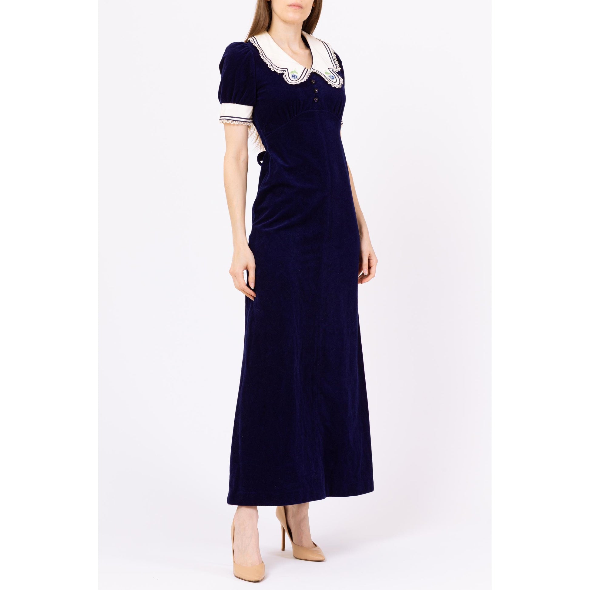 Vintage 70s Navy Blue Velour Sailor Collar Maxi Dress - Extra Small Flying Apple Vintage Vintage 70s Navy Blue Velour Sailor Collar Maxi Dress - Extra Small Flying Apple Vintage