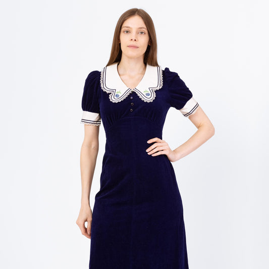 Vintage 70s Navy Blue Velour Sailor Collar Maxi Dress - Extra Small | Gothic A Line Babydoll Gown, Romantic Dark Academia Party Dress