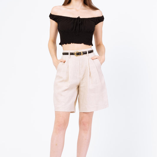 Vintage 90s Oatmeal Linen High Waisted Shorts - Extra Small, 24" Waist | Minimalist Khaki Wide Leg Pleated Long Inseam Shorts