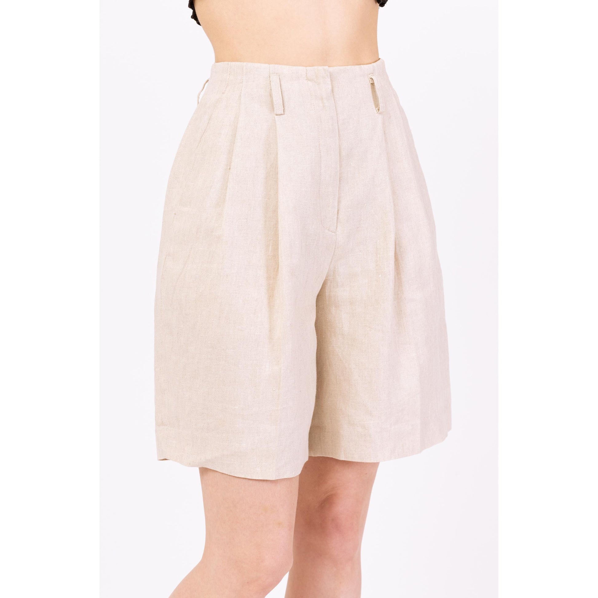 Vintage 90s Oatmeal Linen High Waisted Shorts - Extra Small, 24" Waist | Minimalist Khaki Wide Leg Pleated Long Inseam Shorts