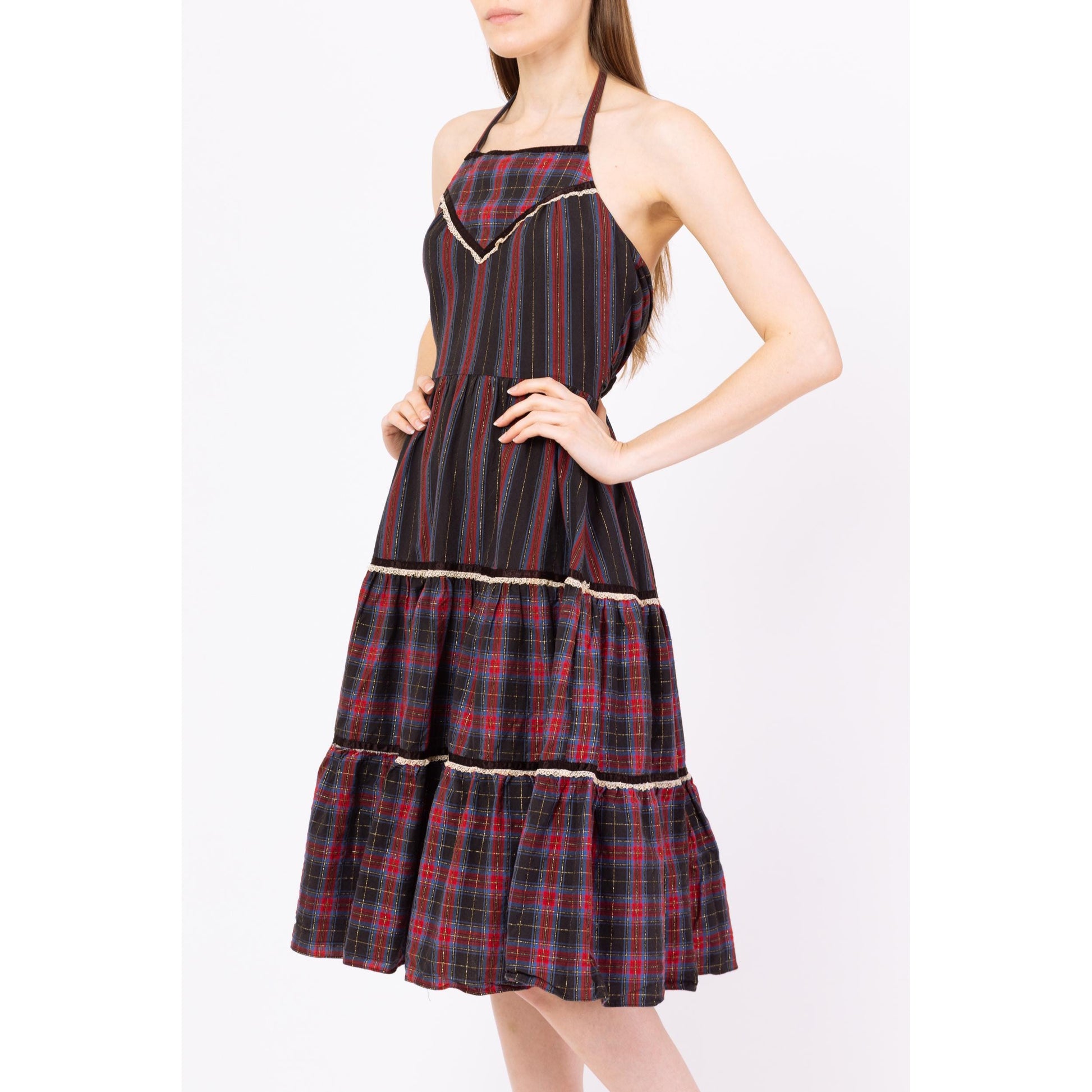 Vintage 70s Red & Black Plaid Fit Flare Halter Midi Dress - Small Vintage 70s Red & Black Plaid Fit Flare Halter Midi Dress - Small