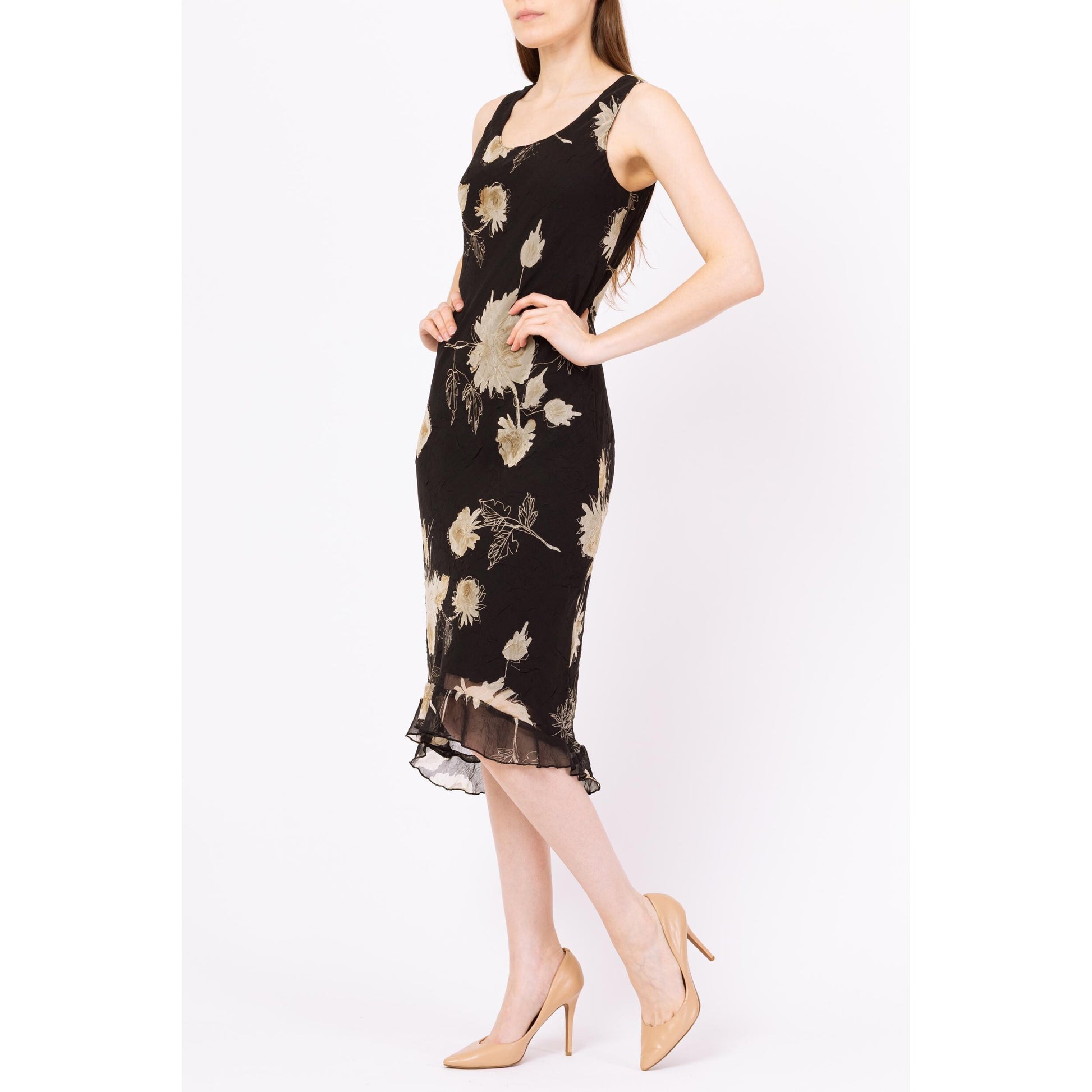 Vintage 90s Black Floral Bias Cut High-Low Midi Dress - Small, Size 6 | Boho Slinky Sleeveless Sundress, Wedding Guest Dress