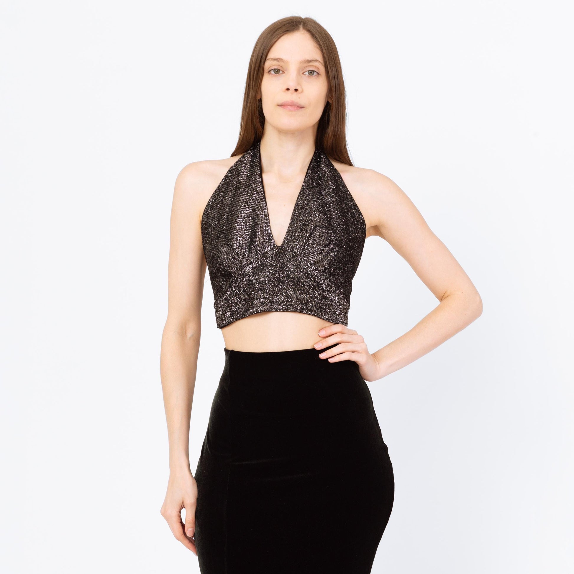 Vintage 70s Silver Metallic Halter Crop Top - Small to Large | Lurex Disco Top, Glam Festival Style