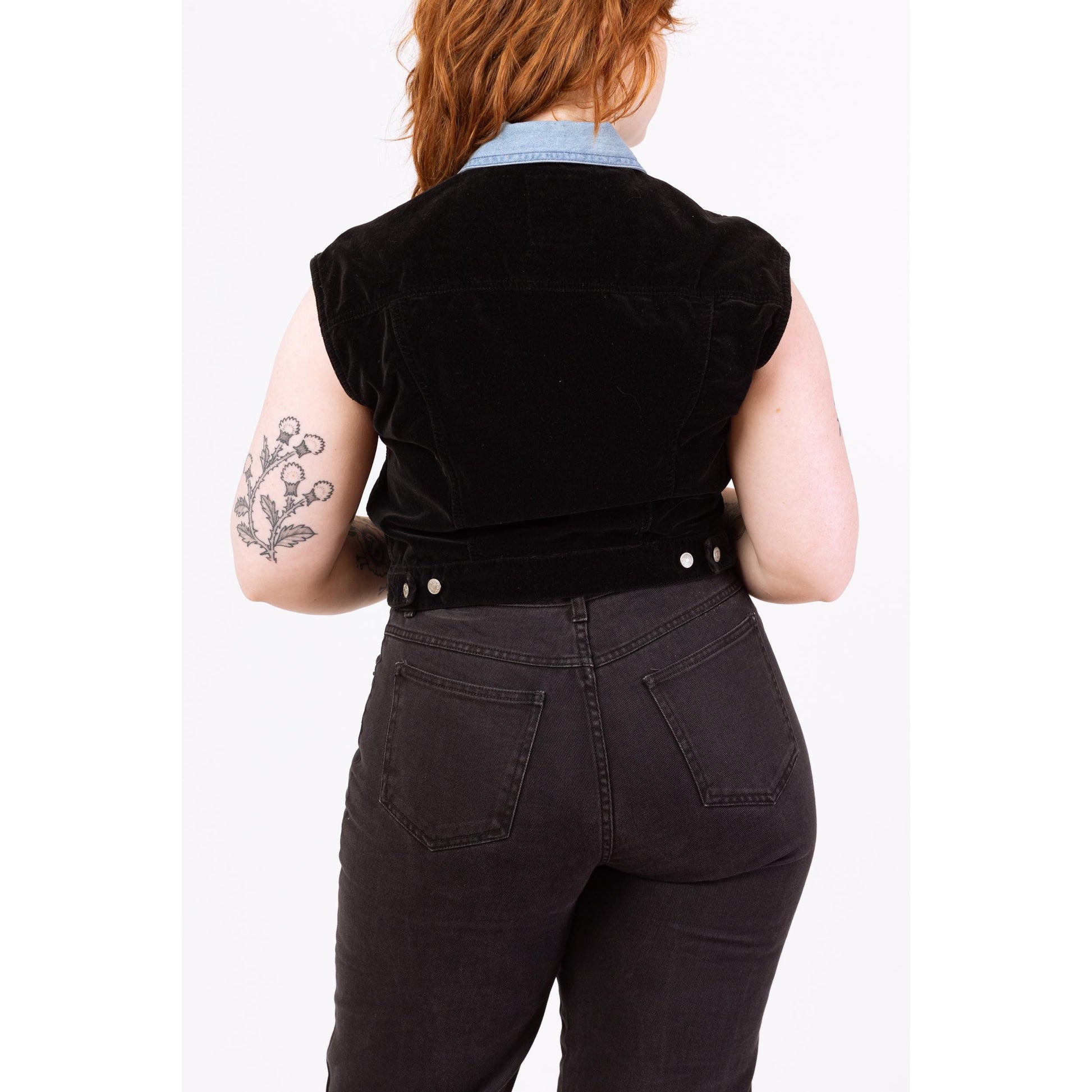 Vintage 90s Black Velvet Crop Top Vest - Large | Grunge Clothing, Sleeveless Denim Collared Shirt