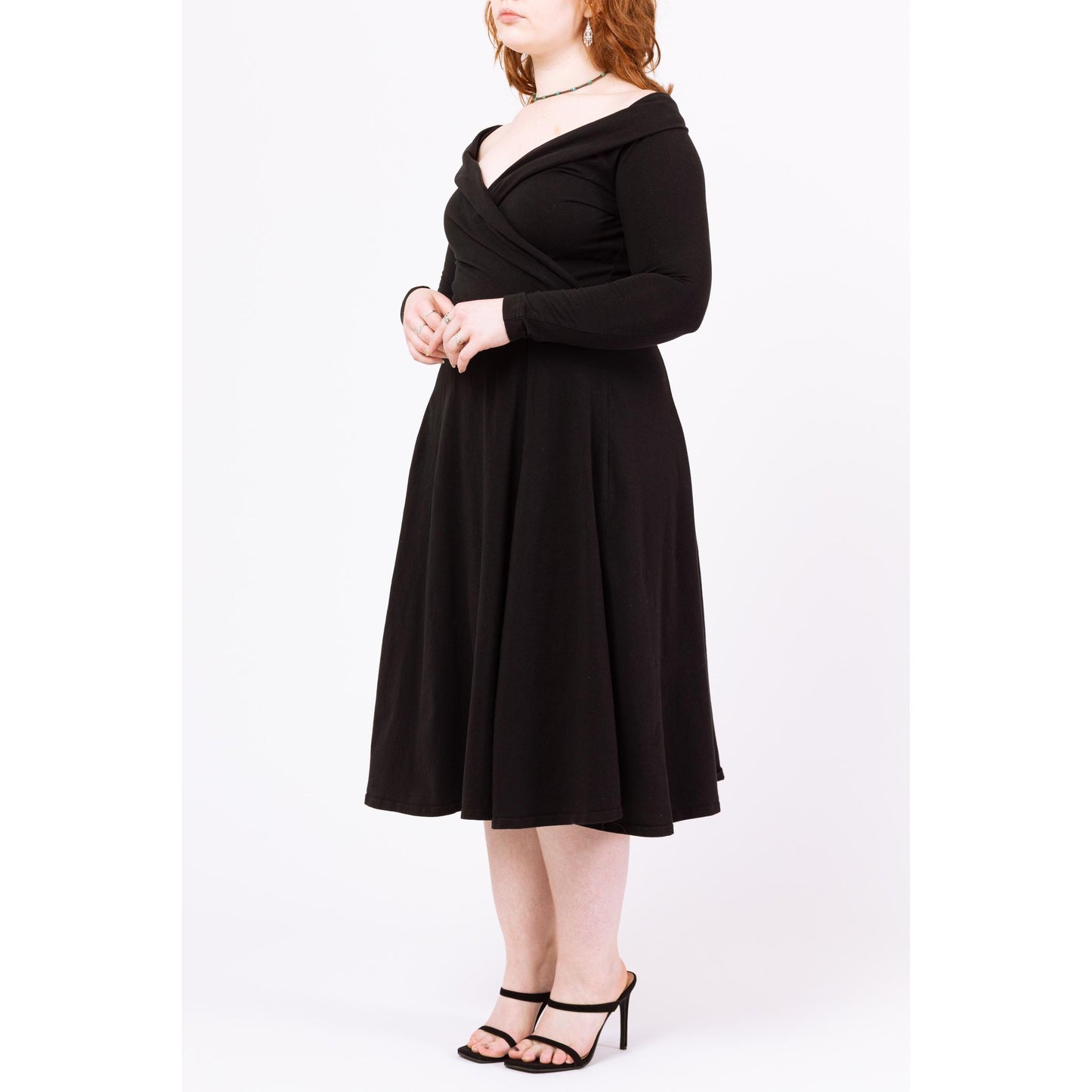 Vintage 90s Black Fit & Flare Off Shoulder Dress - Large | Long Sleeve Cotton Jersey Midi Cocktail Evening Dress