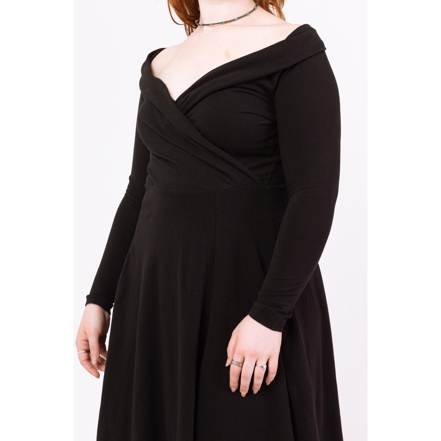 Vintage 90s Black Fit & Flare Off Shoulder Dress - Large | Long Sleeve Cotton Jersey Midi Cocktail Evening Dress