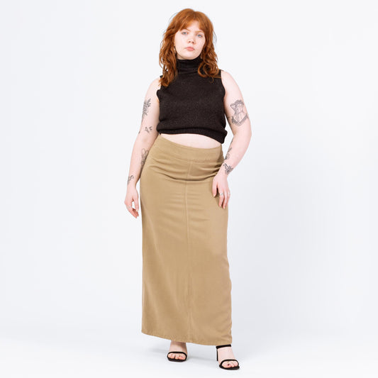 Vintage 90s Minimalist Soft Khaki Maxi Skirt - Large, 33" Waist | High Waisted Long Straight Skirt, Boho Earth Tone Neutral Skirt