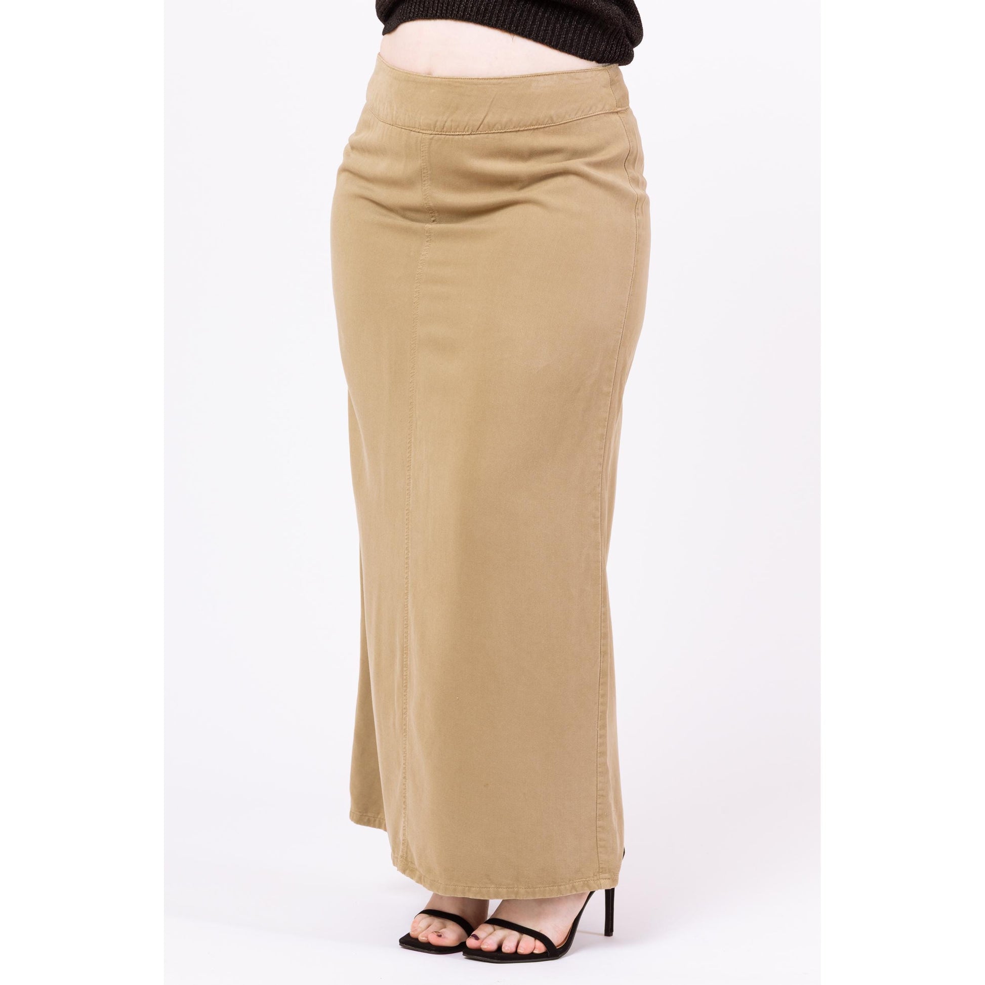 Vintage 90s Minimalist Soft Khaki Maxi Skirt - Large, 33" Waist | High Waisted Long Straight Skirt, Boho Earth Tone Neutral Skirt