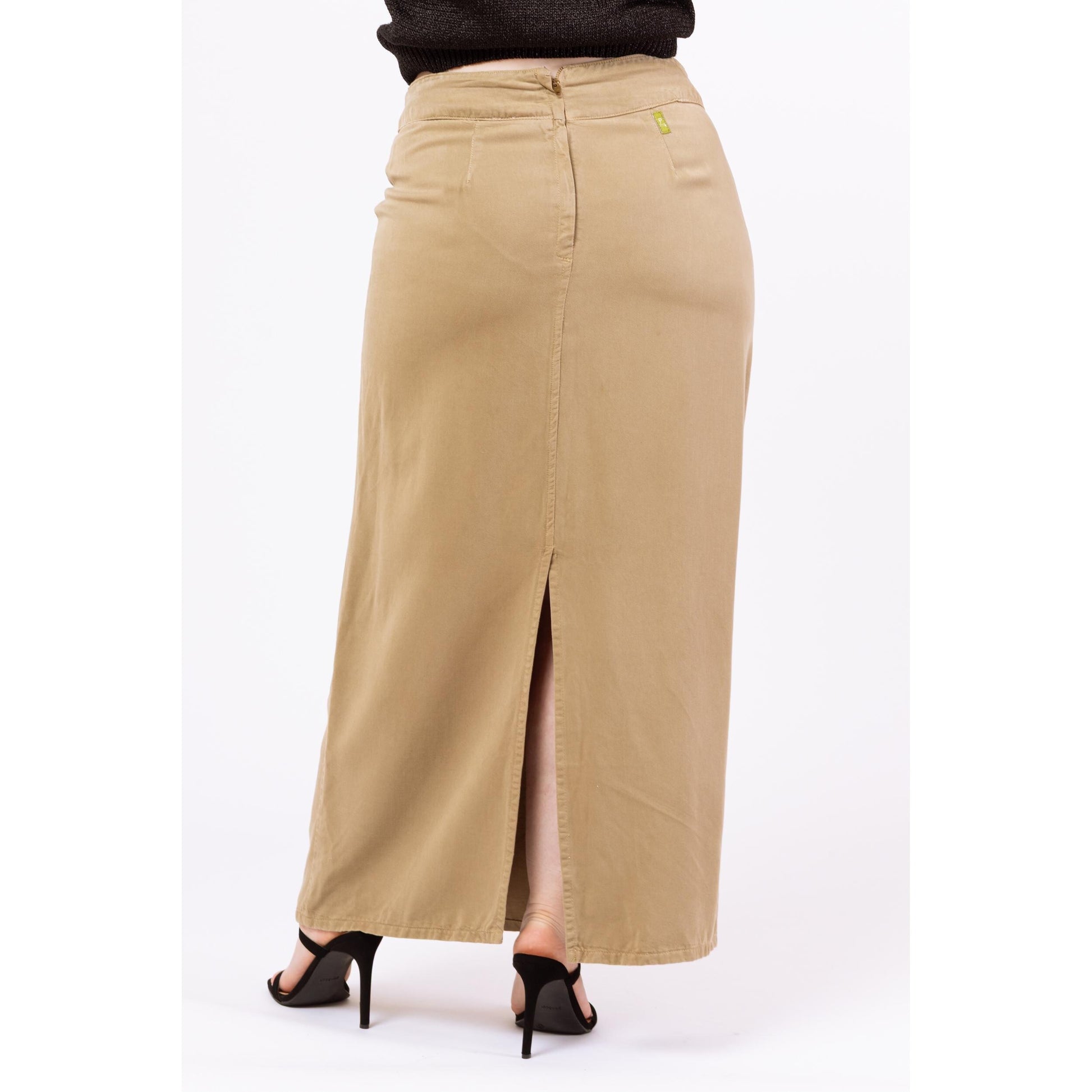 Vintage 90s Minimalist Soft Khaki Maxi Skirt - Large, 33" Waist | High Waisted Long Straight Skirt, Boho Earth Tone Neutral Skirt