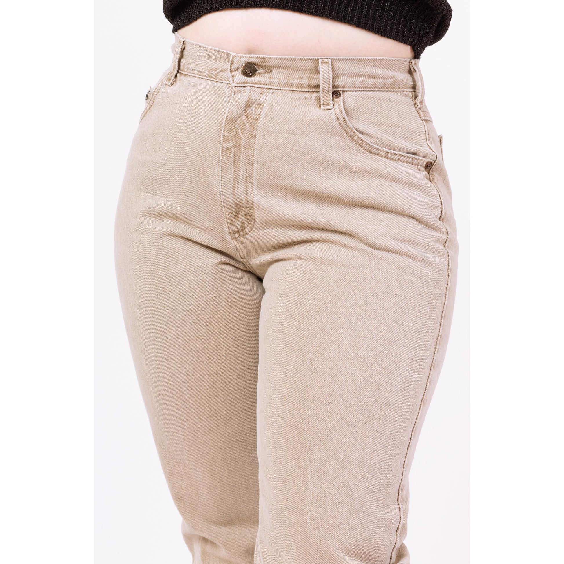 Vintage 90s Lee Light Taupe High Waisted Jeans - Large Tall, 31" Waist | Denim Tapered Leg Long Inseam Mom Jeans, Western Yoke Jeans