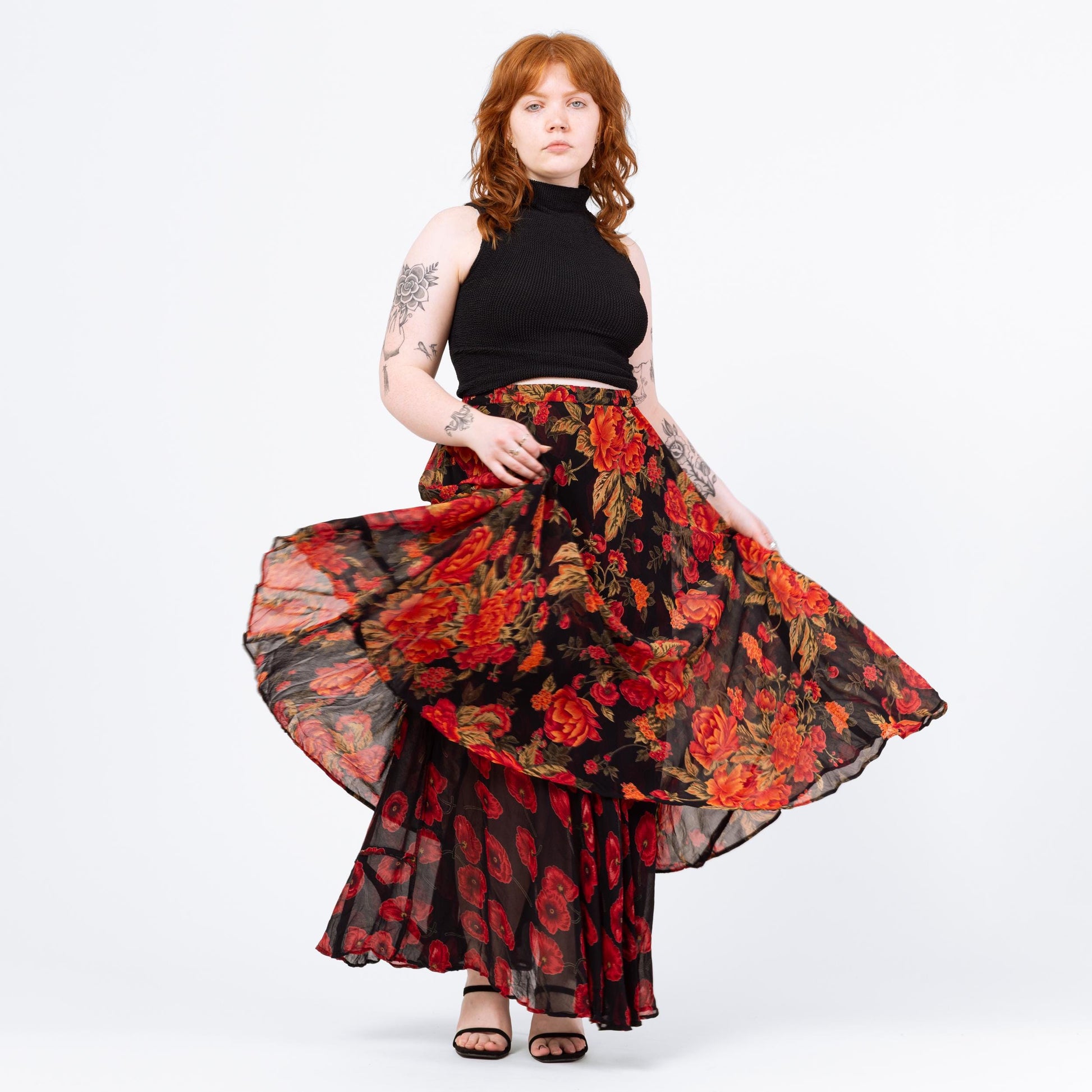 Vintage 90s Black & Red Floral Reversible Maxi Skirt - Medium to Large | Boho Rayon Chiffon Sheer Double Layer Long Flowy Witchy Skirt