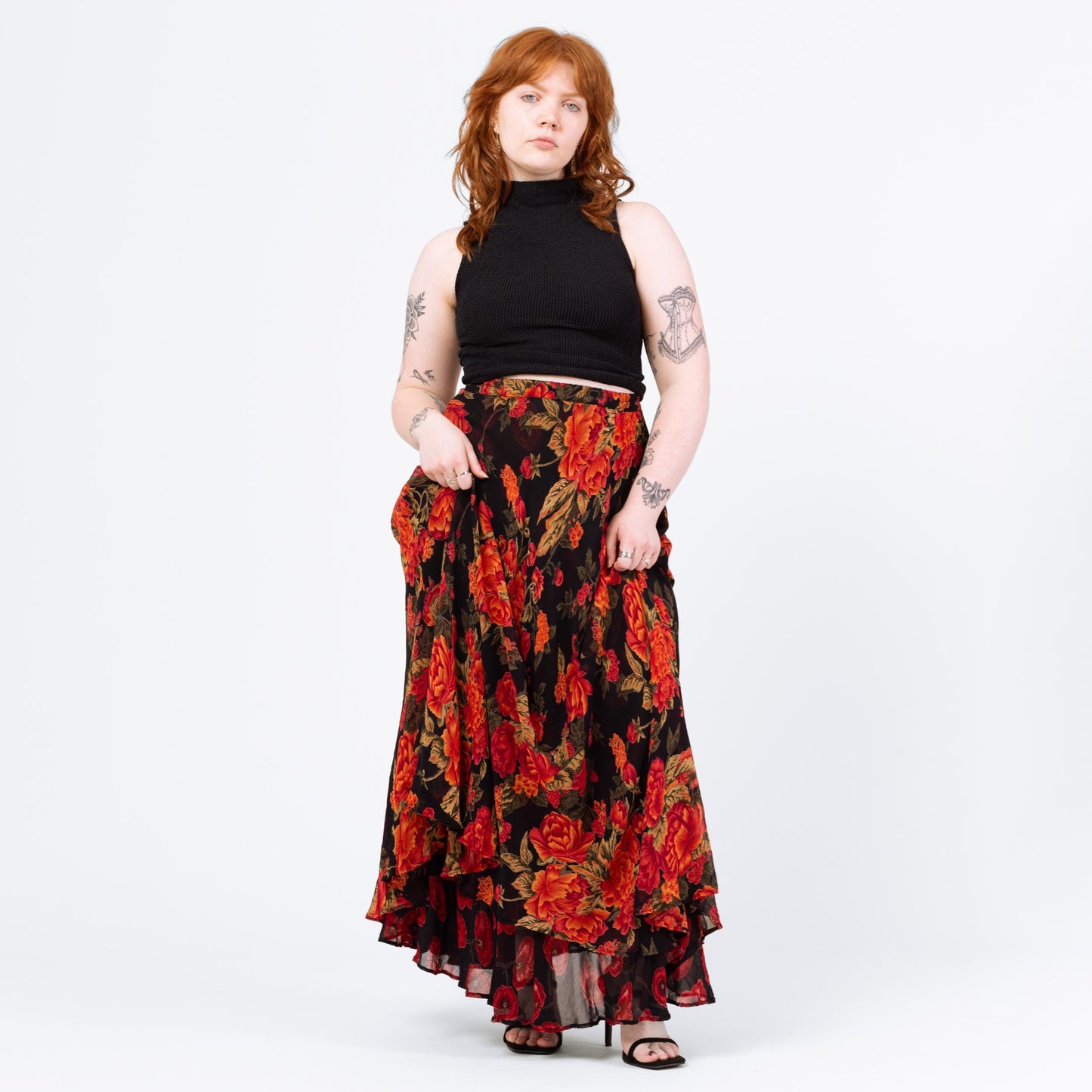 Vintage 90s Black & Red Floral Reversible Maxi Skirt - Medium to Large | Boho Rayon Chiffon Sheer Double Layer Long Flowy Witchy Skirt