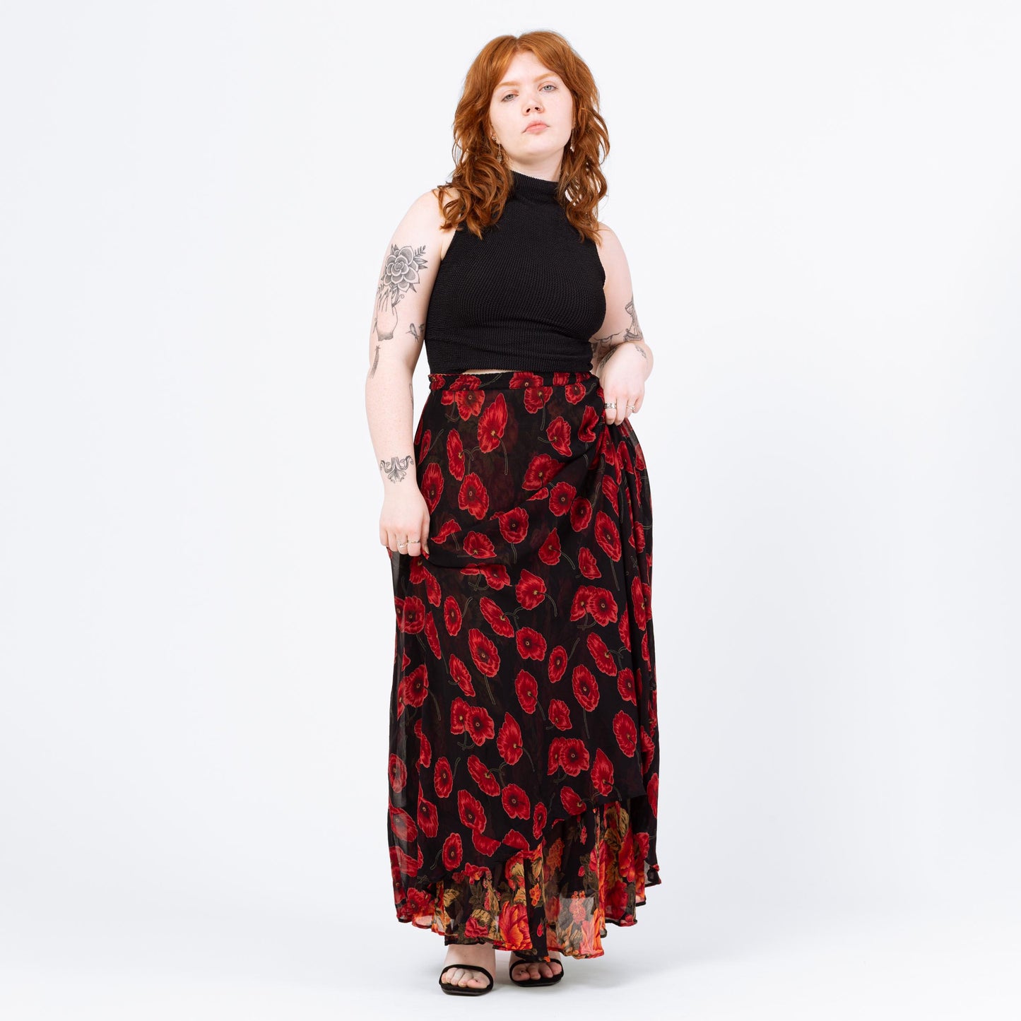 Vintage 90s Black & Red Floral Reversible Maxi Skirt - Medium to Large | Boho Rayon Chiffon Sheer Double Layer Long Flowy Witchy Skirt