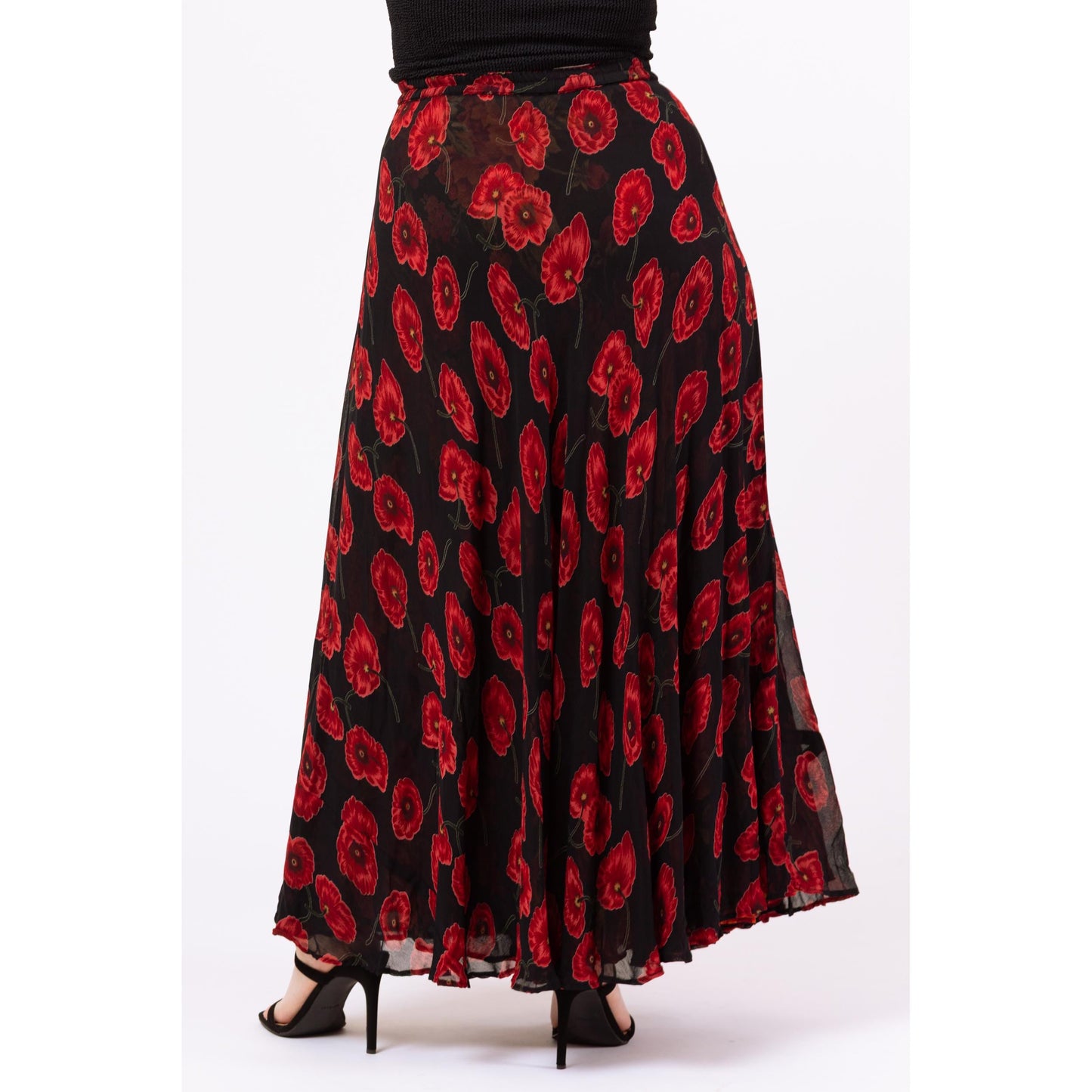 Vintage 90s Black & Red Floral Reversible Maxi Skirt - Medium to Large | Boho Rayon Chiffon Sheer Double Layer Long Flowy Witchy Skirt