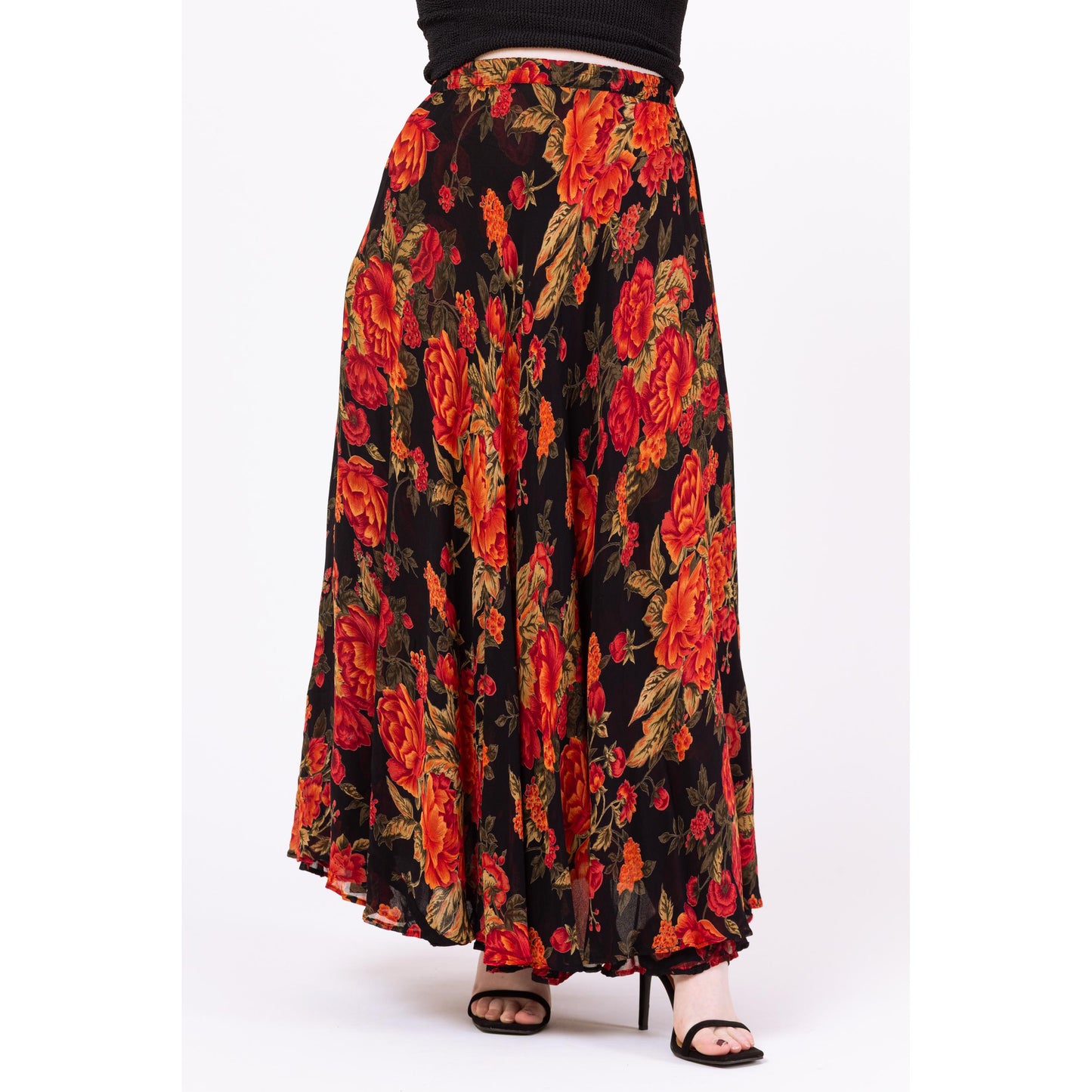 Vintage 90s Black & Red Floral Reversible Maxi Skirt - Medium to Large | Boho Rayon Chiffon Sheer Double Layer Long Flowy Witchy Skirt
