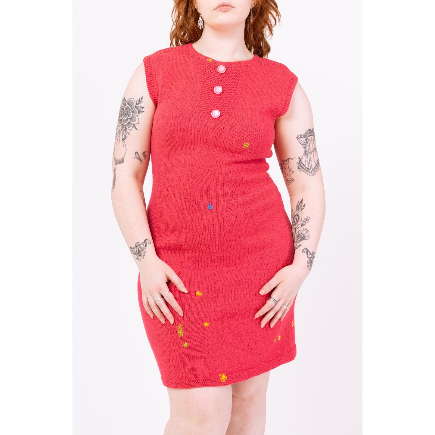 Vintage 50s 60s Salmon Pink Darned Knit Mini Dress - Medium | Retro Sleeveless Fitted Dress, Mod Colorful Rainbow Dress