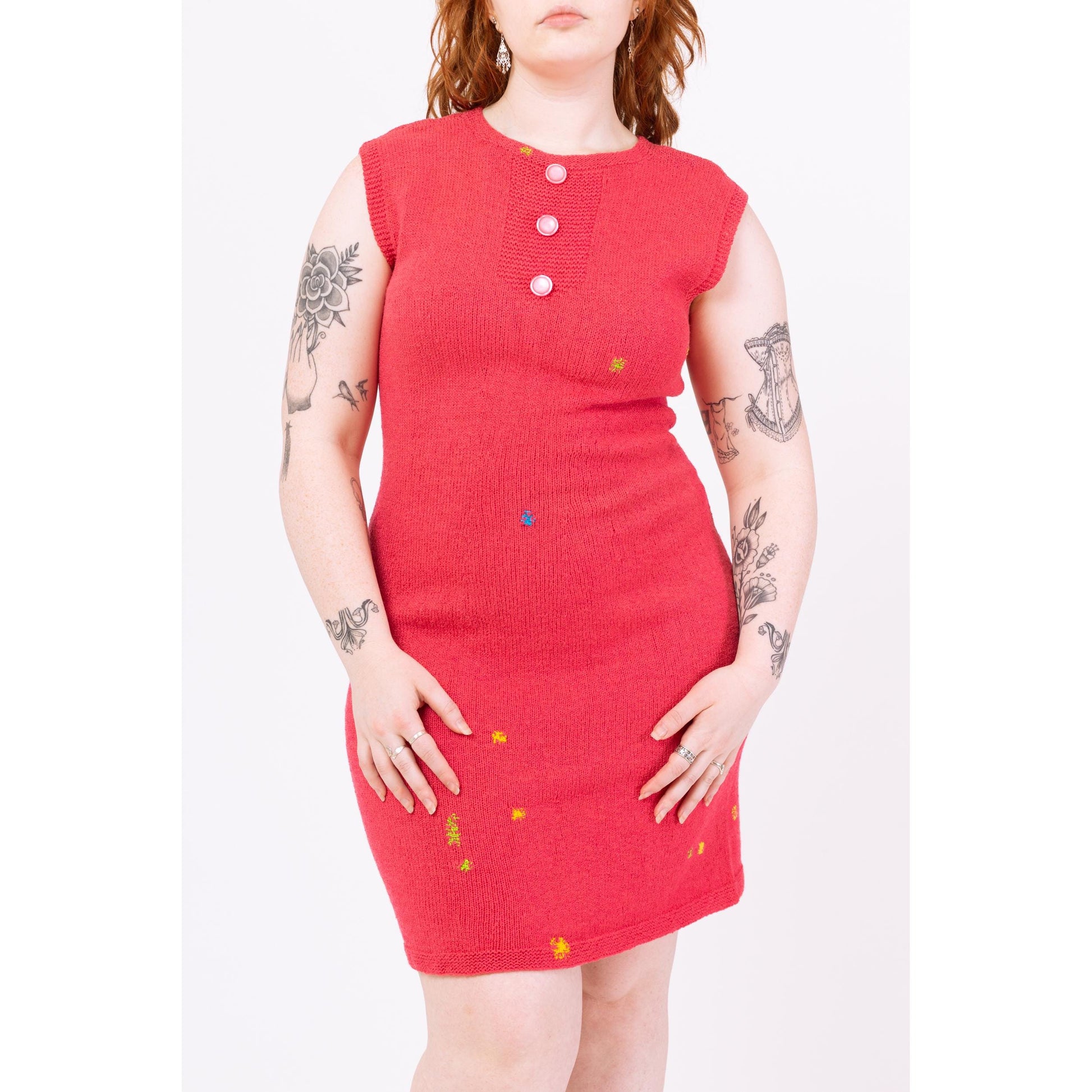 Vintage 50s 60s Salmon Pink Darned Knit Mini Dress - Medium | Retro Sleeveless Fitted Dress, Mod Colorful Rainbow Dress