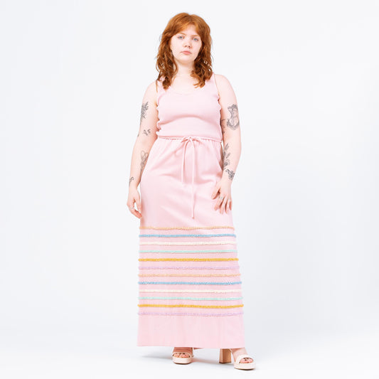 Vintage 70s Pastel Pink Cupcake Ruffle Stripe Maxi Dress - Medium | Retro Sleeveless A Line Easter Party Spring Hostess Gown