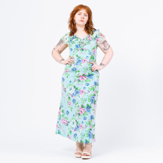 Vintage 70s Boho Blue Floral Flutter Sleeve Maxi Dress - Medium | Toni Lynn Empire Waist Garden Party Dress, Retro Wedding Guest Dress