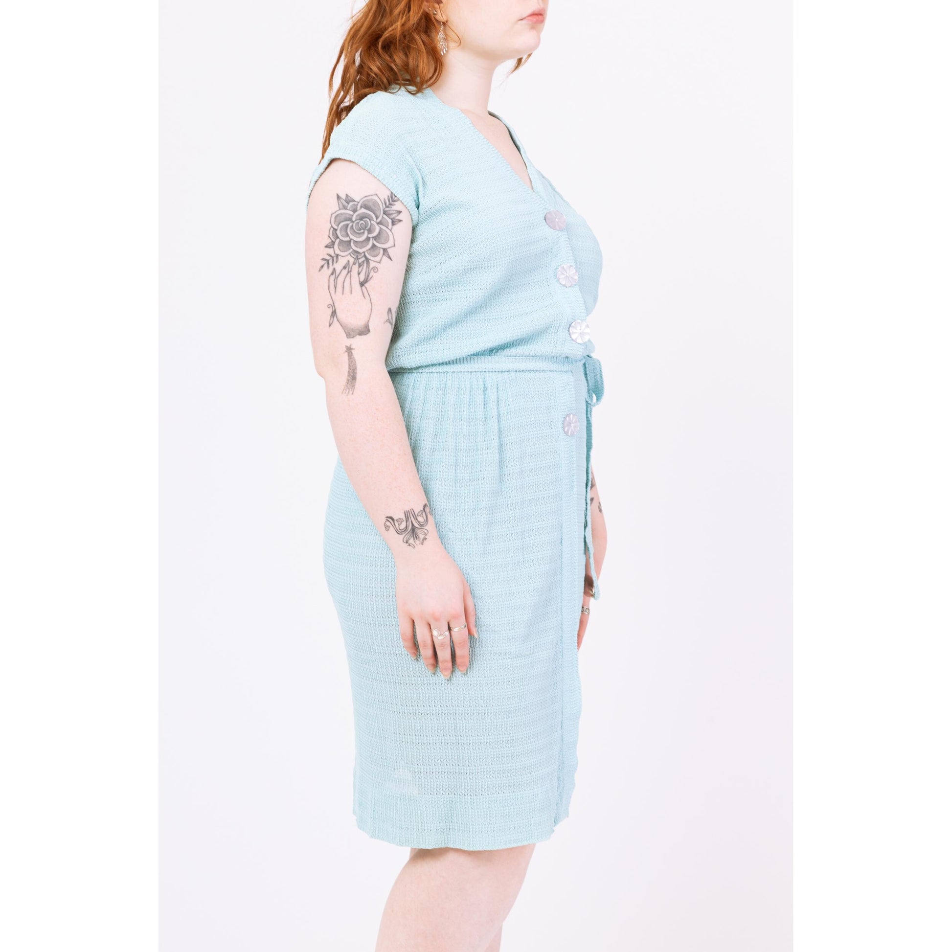 Vintage 1950s Pastel Blue Ribbon Knit Midi Dress - Medium to Large | Retro 50s Cap Sleeve Button Up Shirtwaist Sundress