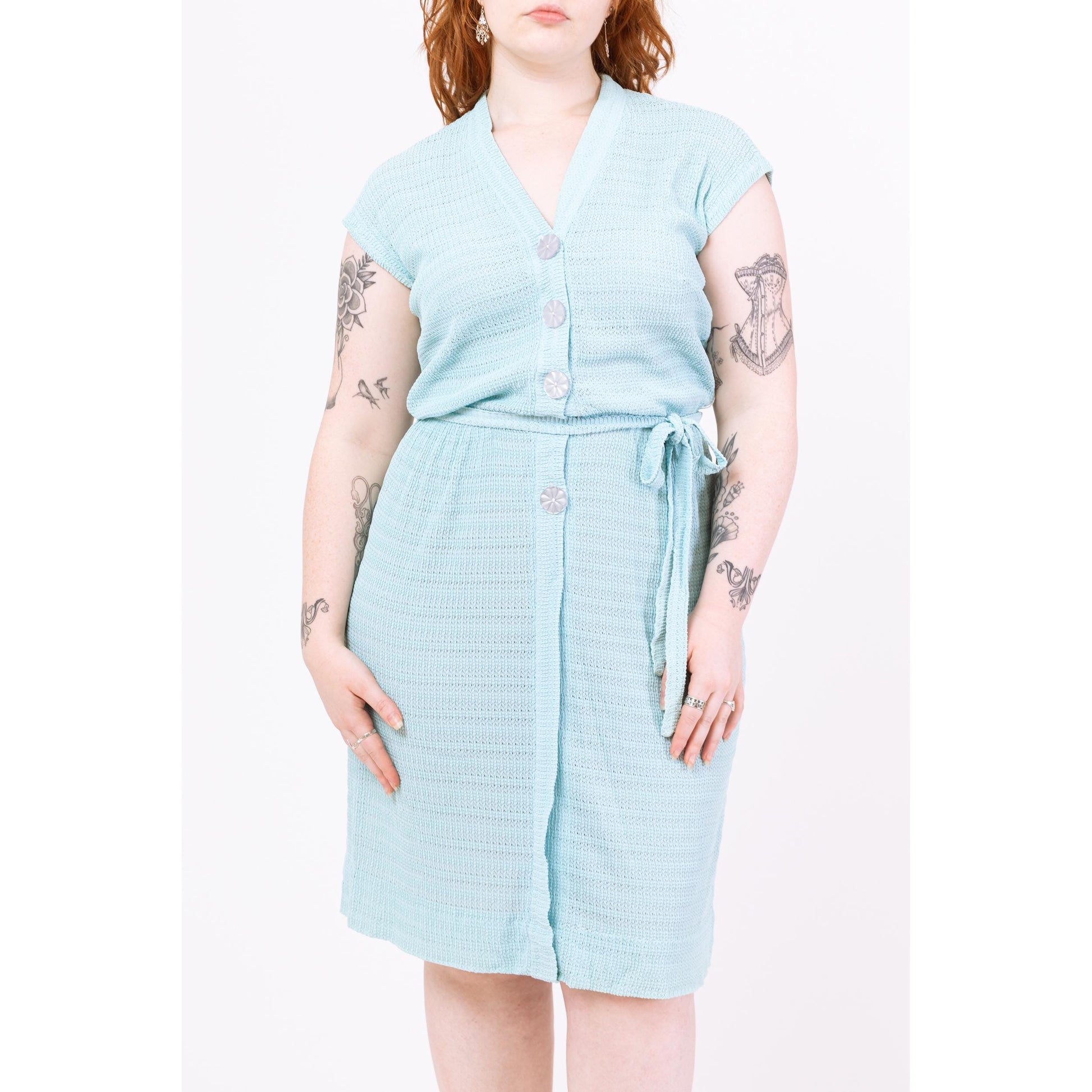 Vintage 1950s Pastel Blue Ribbon Knit Midi Dress - Medium to Large | Retro 50s Cap Sleeve Button Up Shirtwaist Sundress