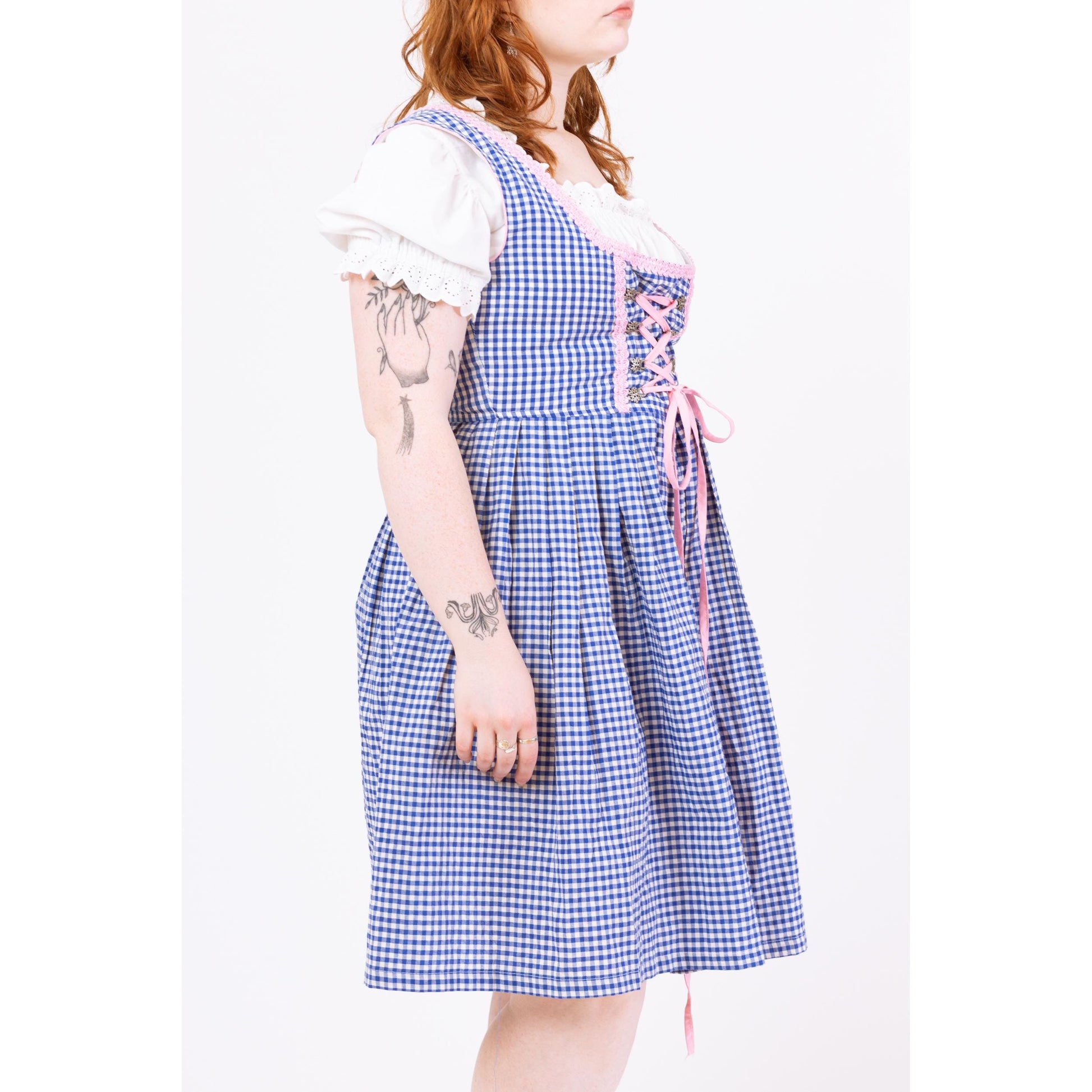 Retro Blue & White Gingham Dirndl Midi Dress - Large | German Octoberfest Costume Sleeveless Fit Flare Folk Trachten Cottagecore Dress