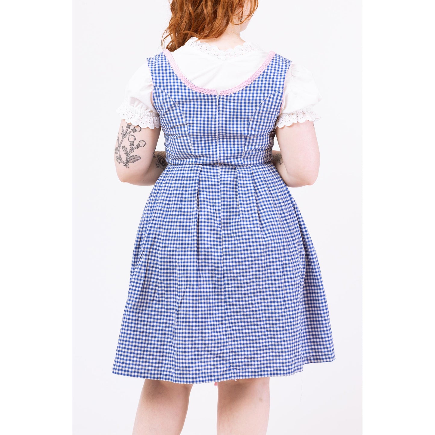 Retro Blue & White Gingham Dirndl Midi Dress - Large | German Octoberfest Costume Sleeveless Fit Flare Folk Trachten Cottagecore Dress