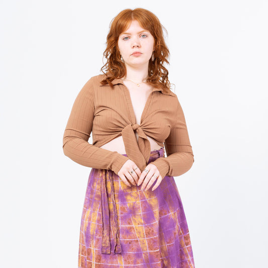 Vintage Y2K Tan Tie Front Crop Top - Large | Minimalist Long Sleeve Cropped Blouse, 90s 2000s Collared Deep V Neck Shirt