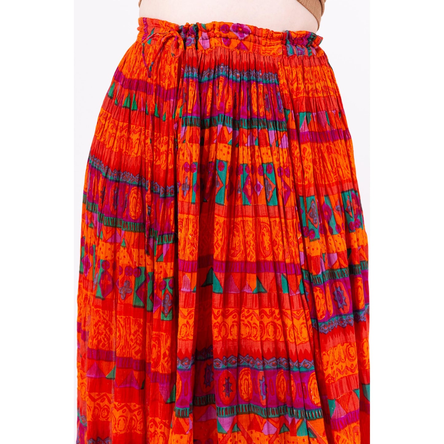 Vintage 90s Boho Orange Geometric Broomstick Skirt - Medium | Boho Gauzy Cotton Hippie Skirt, Long Flowy Skirt