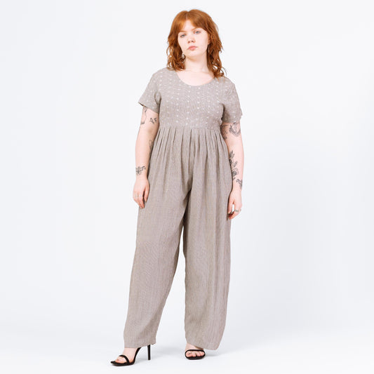 Vintage 90s Black & White Floral Houndstooth Jumpsuit - Large to XL | Eyelet Bodice Wide Leg Grunge Pantsuit