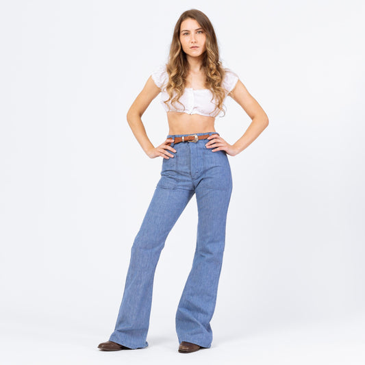 Vintage 70s Chambray Flare Sailor Jeans - Extra Small, 26x33 | High Rise Light Blue Cotton Bell Bottom Pants