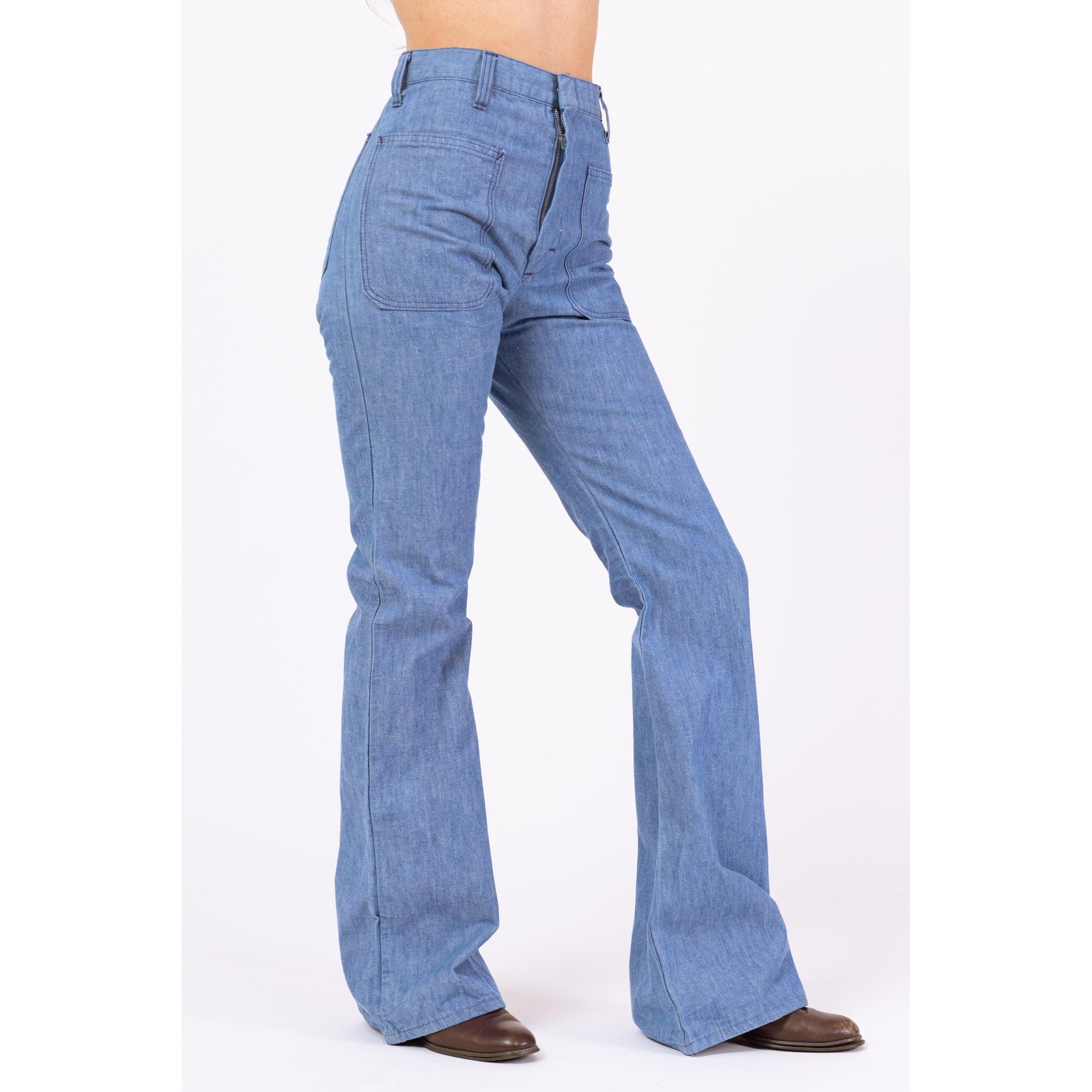 Vintage 70s Chambray Flare Sailor Jeans - Extra Small, 26x33 | High Rise Light Blue Cotton Bell Bottom Pants