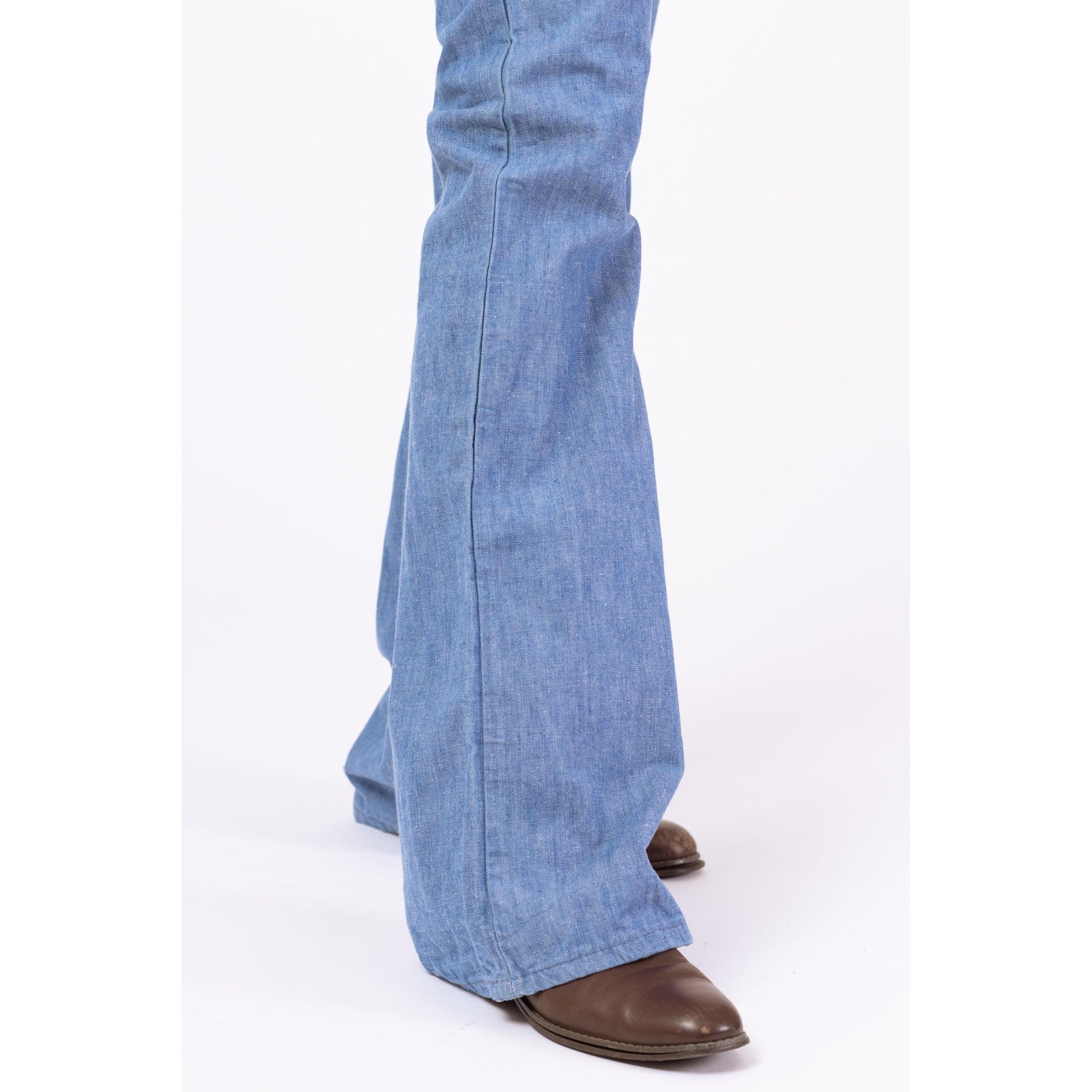 Vintage 70s Chambray Flare Sailor Jeans - Extra Small, 26x33 | High Rise Light Blue Cotton Bell Bottom Pants