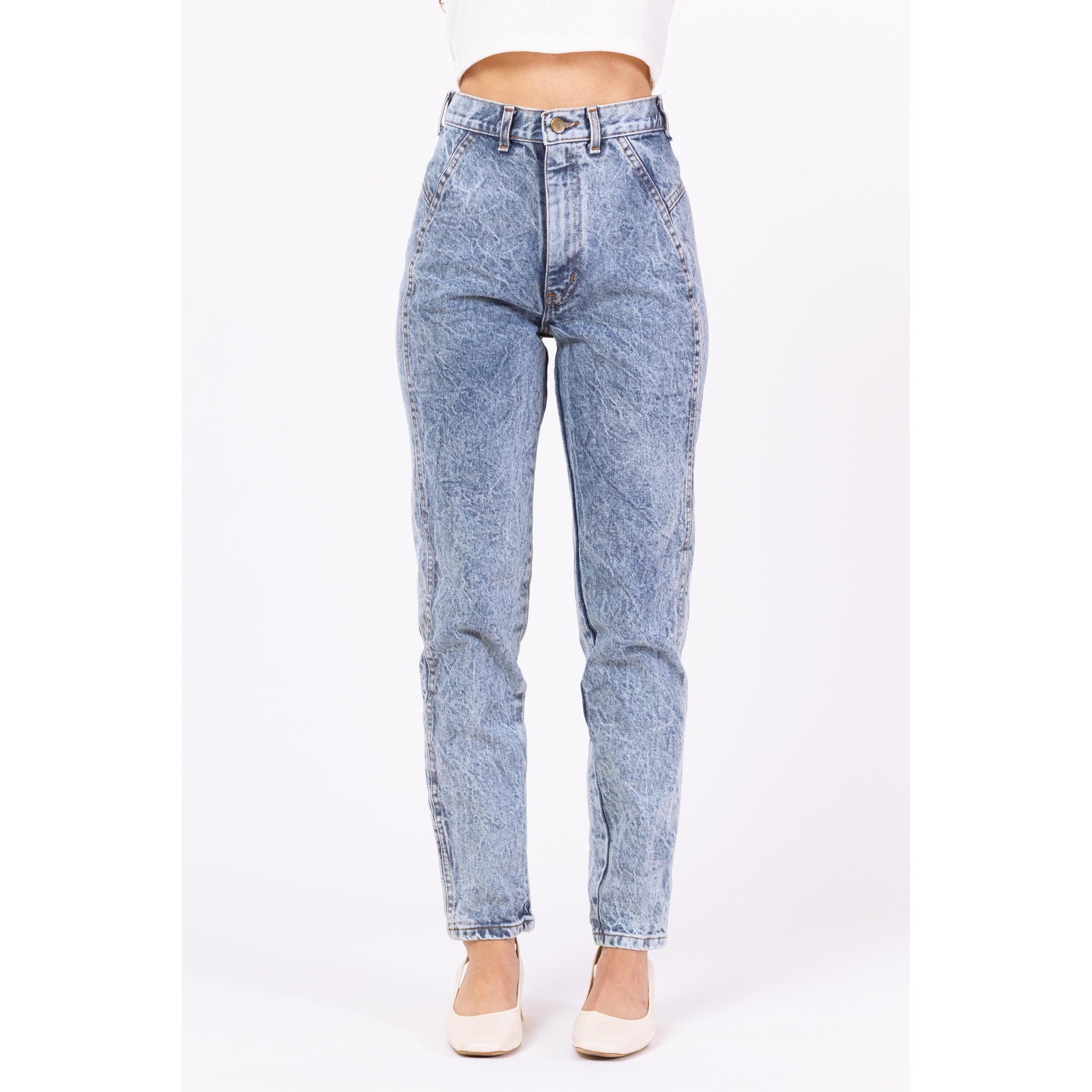 Vintage 80s Chic Acid Wash High Waist Jeans - Extra Small, 25" Waist | Light Wash Tapered Leg Denim Skinny Streetwear Jeans